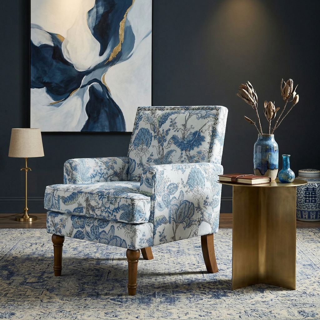 27" Wide Floral Upholstered Accent Chair with Nailhead Trim, Contemporary Botanical Armchair with Wood Turned Legs