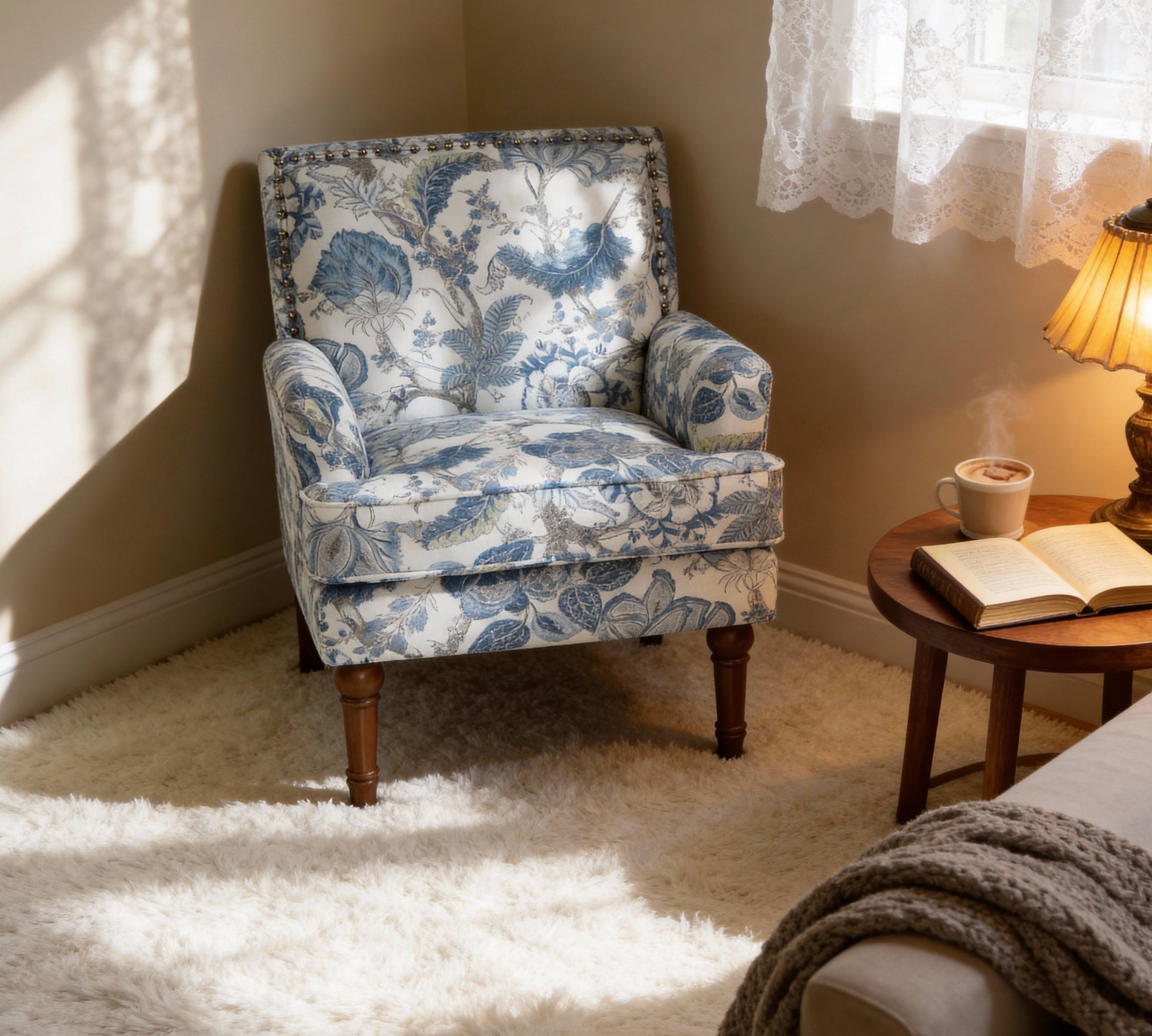 27" Wide Floral Upholstered Accent Chair with Nailhead Trim, Contemporary Botanical Armchair with Wood Turned Legs