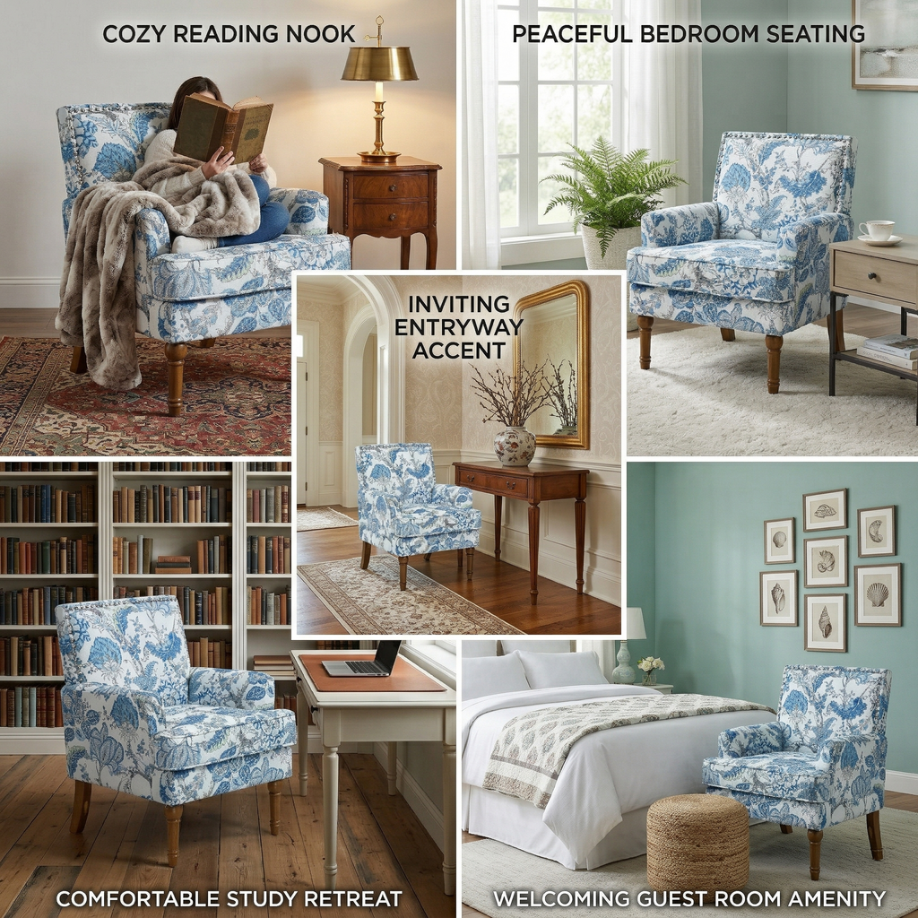 27" Wide Floral Upholstered Accent Chair with Nailhead Trim, Contemporary Botanical Armchair with Wood Turned Legs