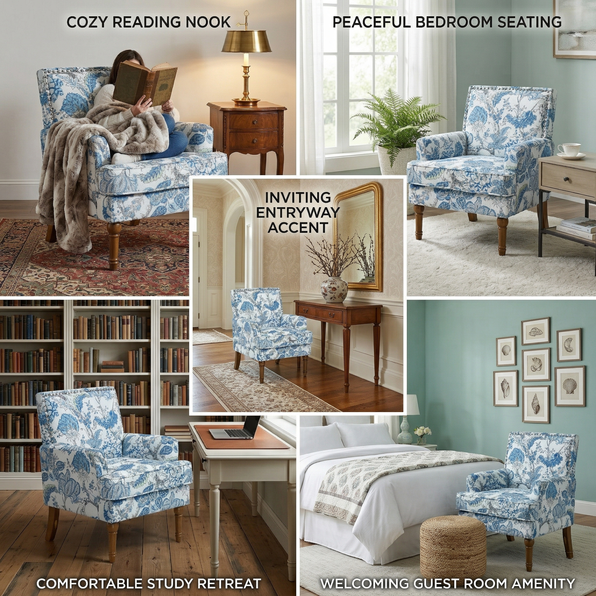 27" Wide Floral Upholstered Accent Chair with Nailhead Trim, Contemporary Botanical Armchair with Wood Turned Legs