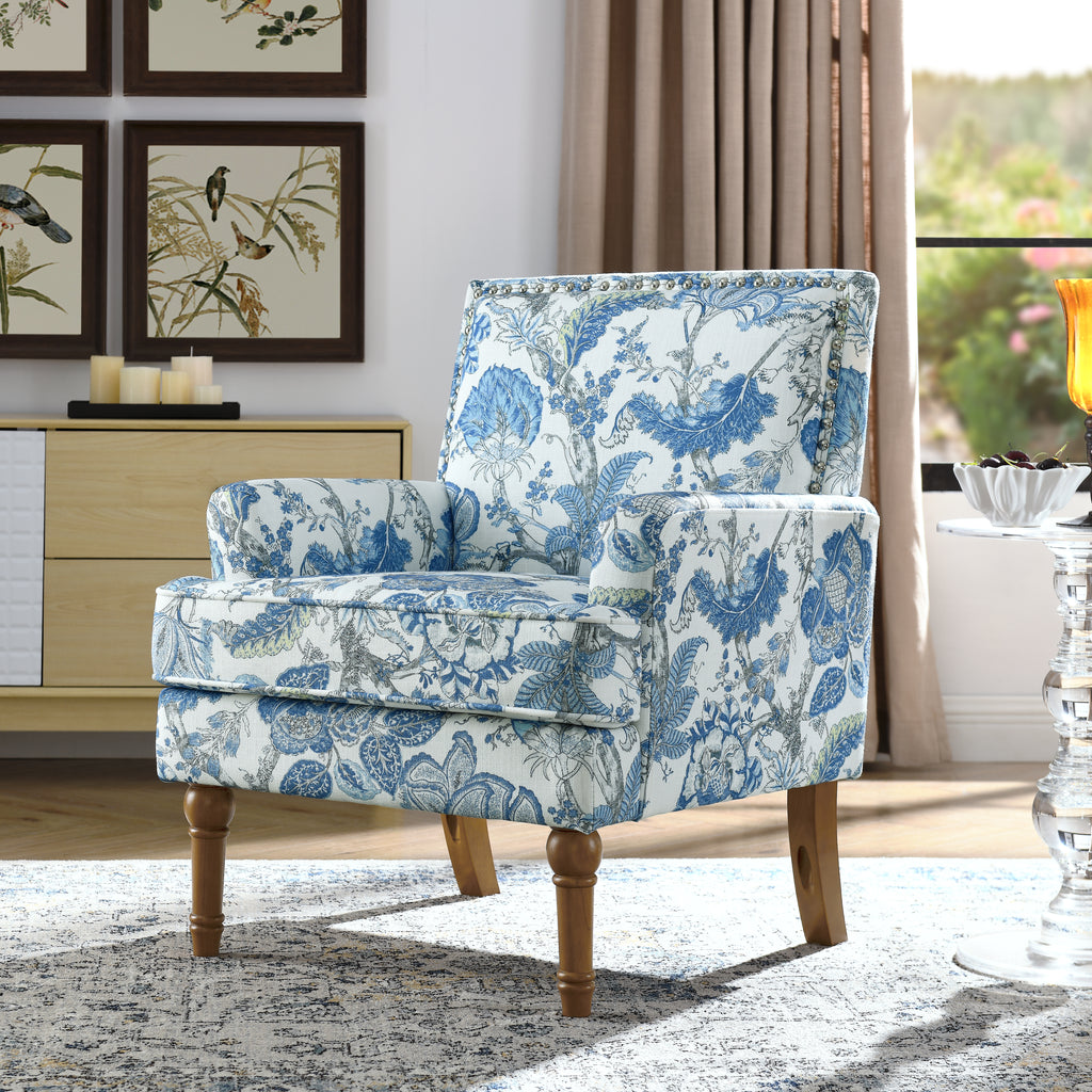 27" Wide Floral Upholstered Accent Chair with Nailhead Trim, Contemporary Botanical Armchair with Wood Turned Legs