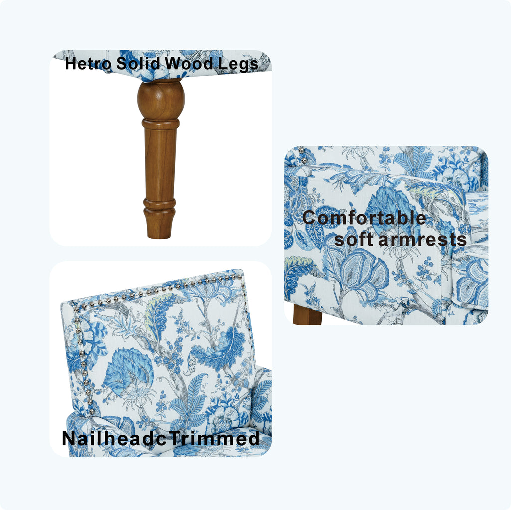 27" Wide Floral Upholstered Accent Chair with Nailhead Trim, Contemporary Botanical Armchair with Wood Turned Legs