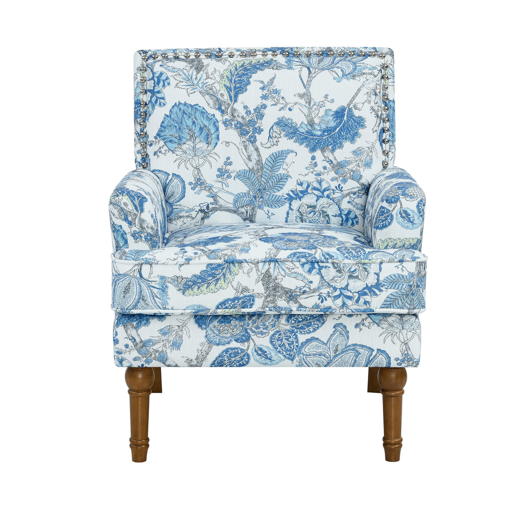 27" Wide Floral Upholstered Accent Chair with Nailhead Trim, Contemporary Botanical Armchair with Wood Turned Legs