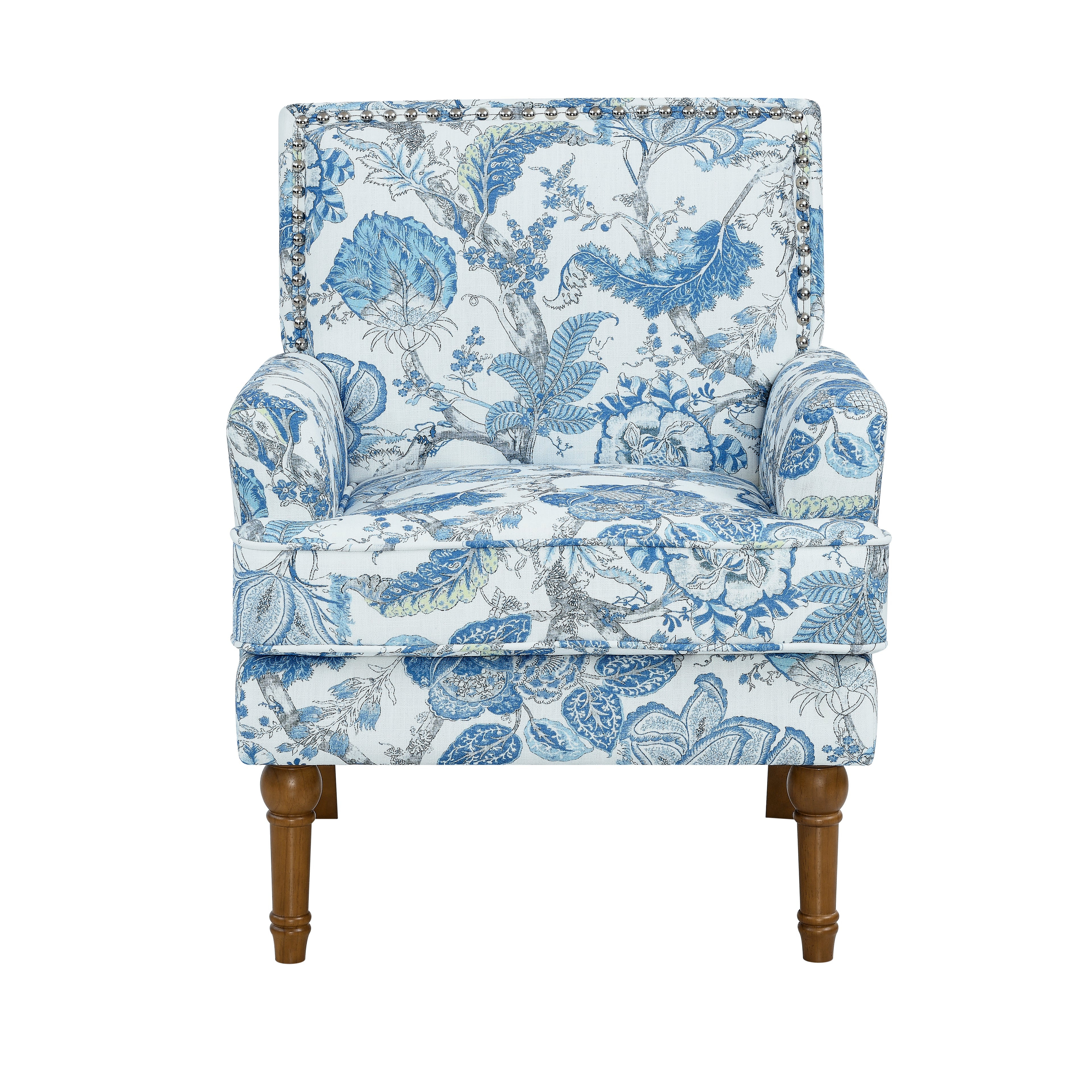 27" Wide Floral Upholstered Accent Chair with Nailhead Trim, Contemporary Botanical Armchair with Wood Turned Legs