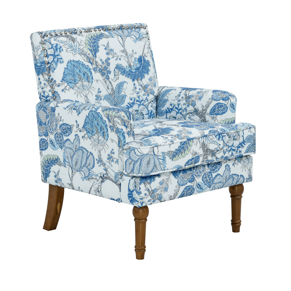 27" Wide Floral Upholstered Accent Chair with Nailhead Trim, Contemporary Botanical Armchair with Wood Turned Legs