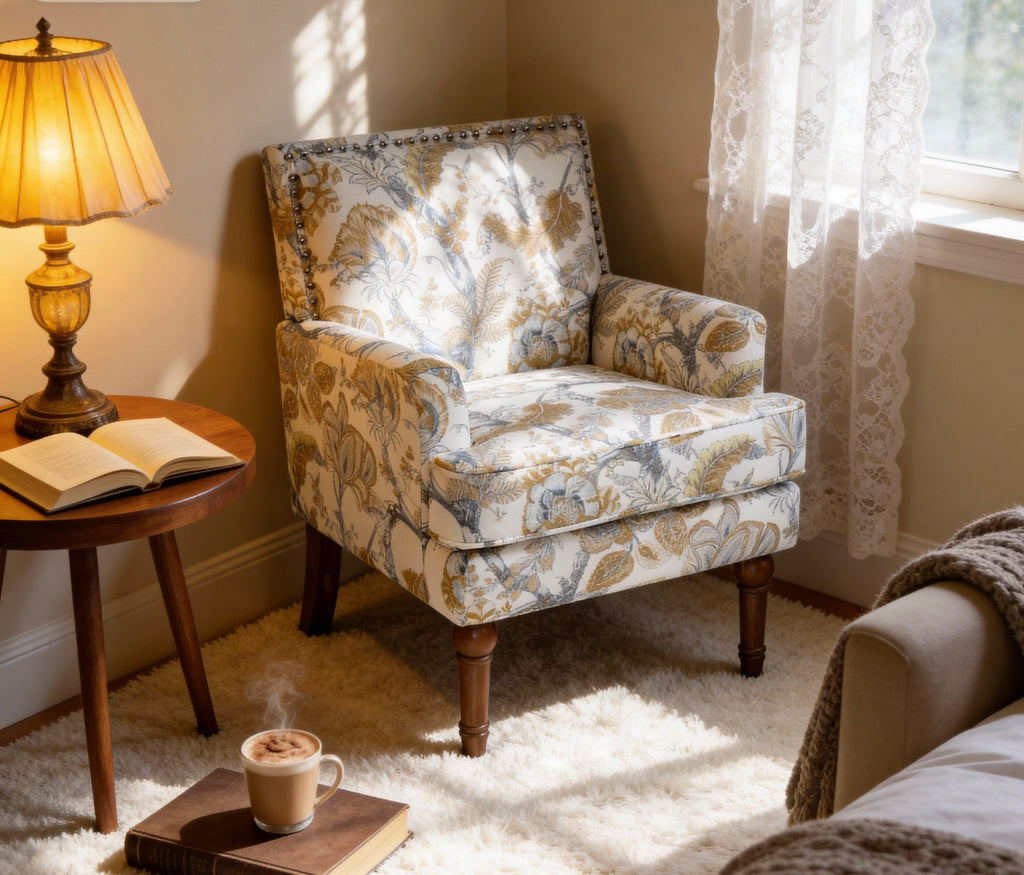 27" Wide Floral Upholstered Accent Chair with Nailhead Trim, Contemporary Botanical Armchair with Wood Turned Legs