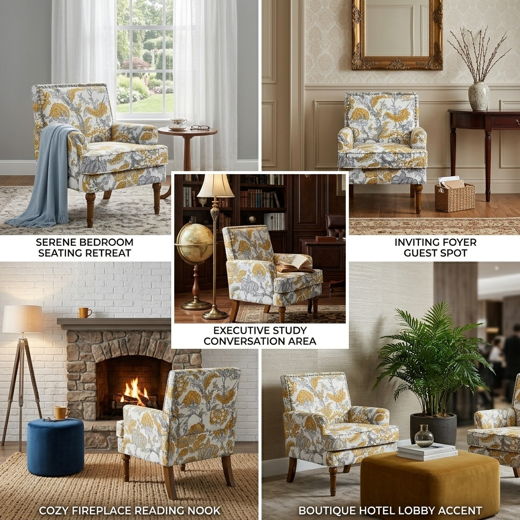 27" Wide Floral Upholstered Accent Chair with Nailhead Trim, Contemporary Botanical Armchair with Wood Turned Legs