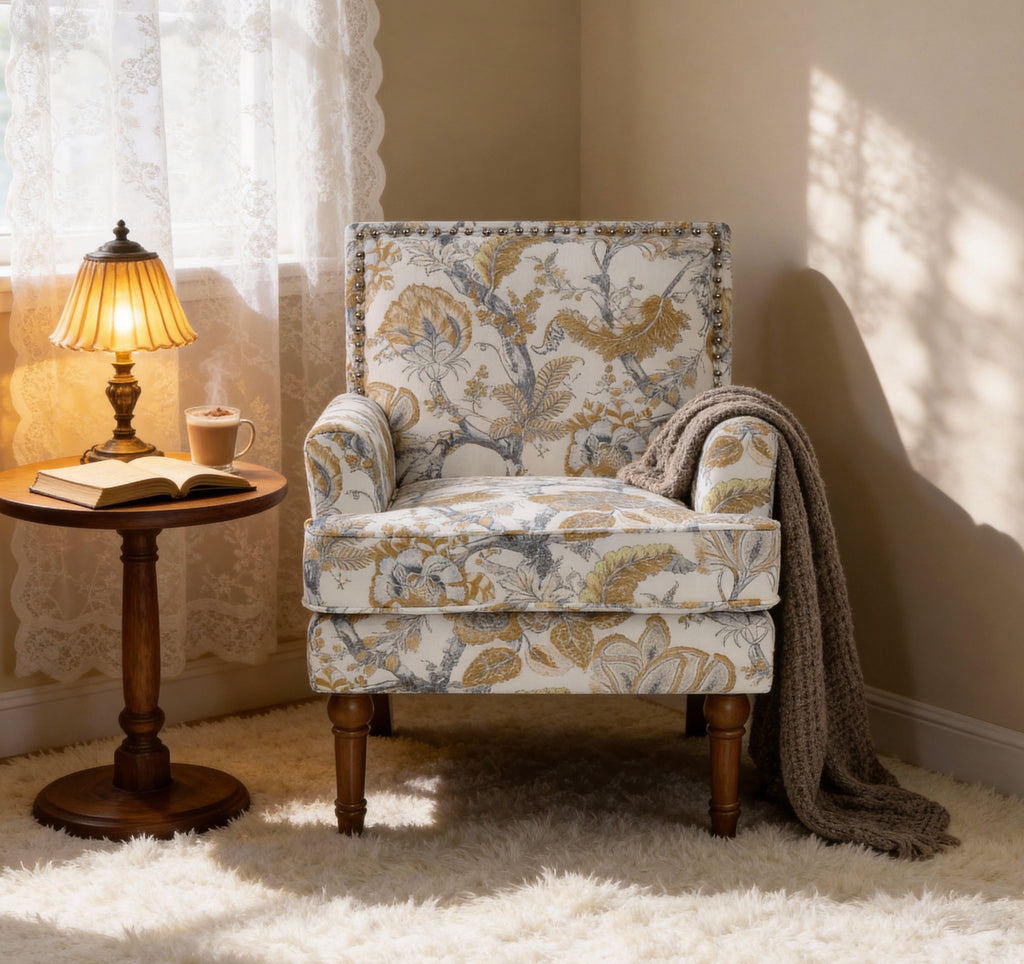 27" Wide Floral Upholstered Accent Chair with Nailhead Trim, Contemporary Botanical Armchair with Wood Turned Legs