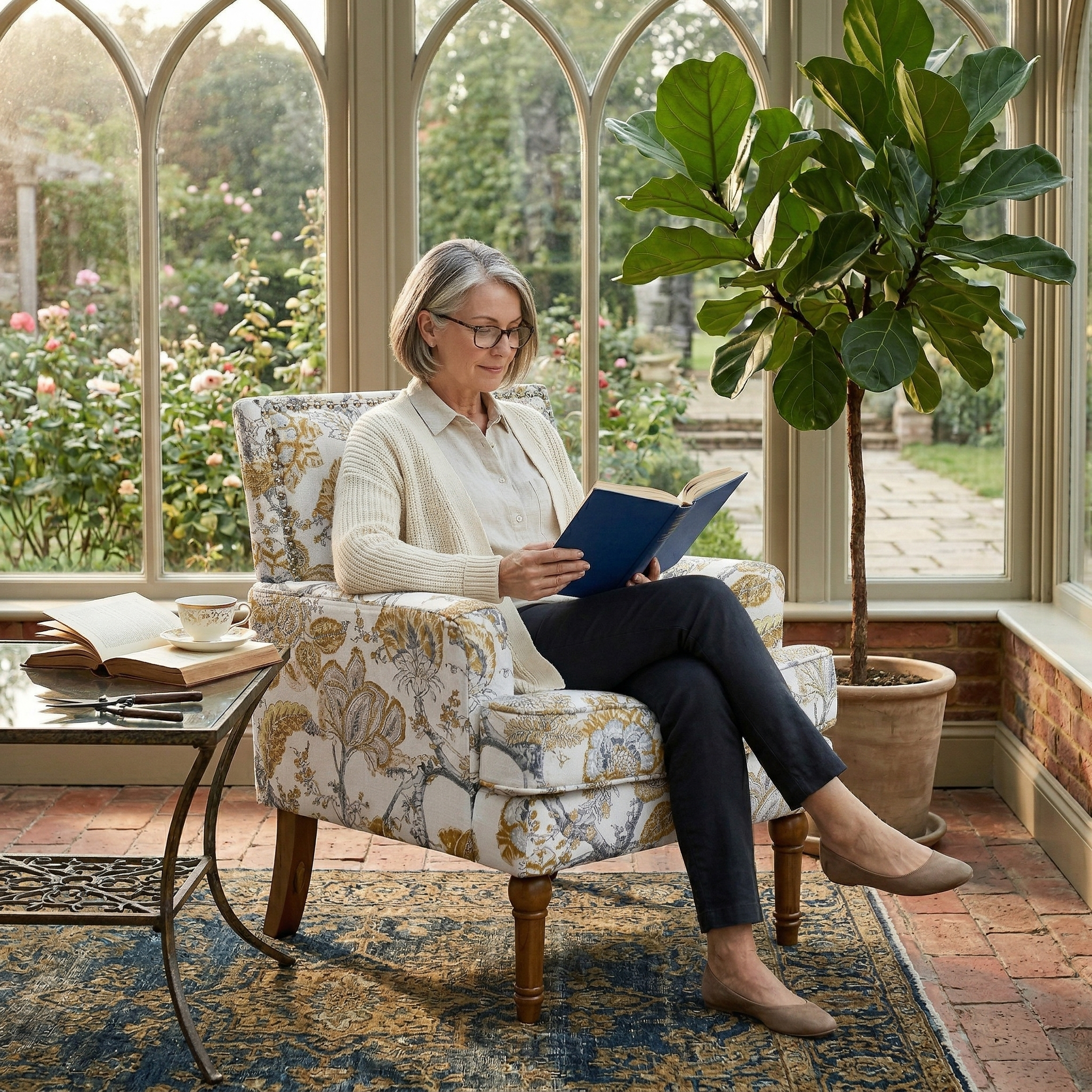 27" Wide Floral Upholstered Accent Chair with Nailhead Trim, Contemporary Botanical Armchair with Wood Turned Legs