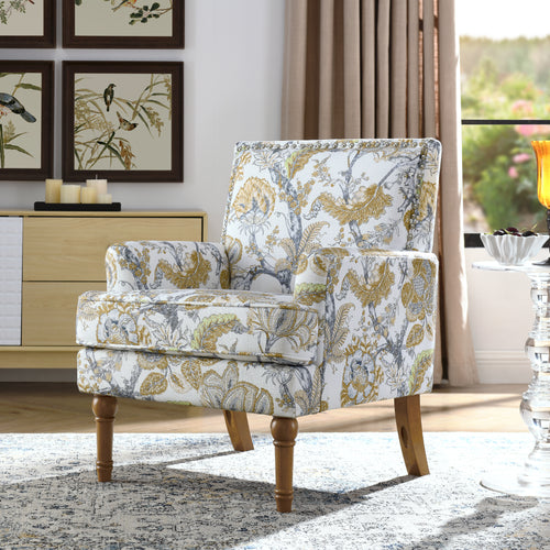 27" Wide Floral Upholstered Accent Chair with Nailhead Trim, Contemporary Botanical Armchair with Wood Turned Legs