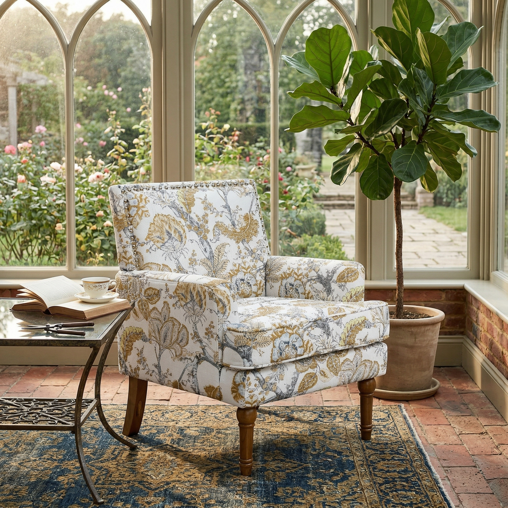 27" Wide Floral Upholstered Accent Chair with Nailhead Trim, Contemporary Botanical Armchair with Wood Turned Legs