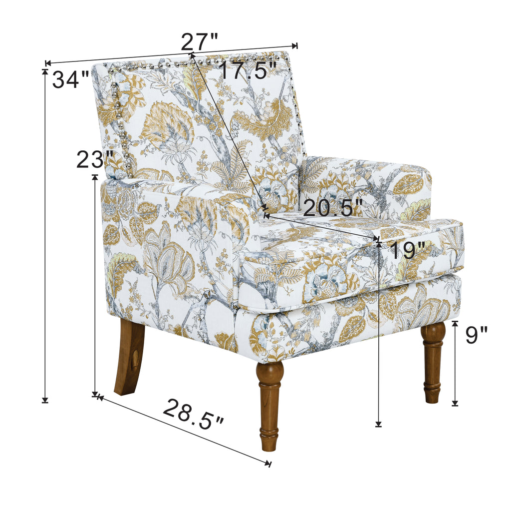 27" Wide Floral Upholstered Accent Chair with Nailhead Trim, Contemporary Botanical Armchair with Wood Turned Legs