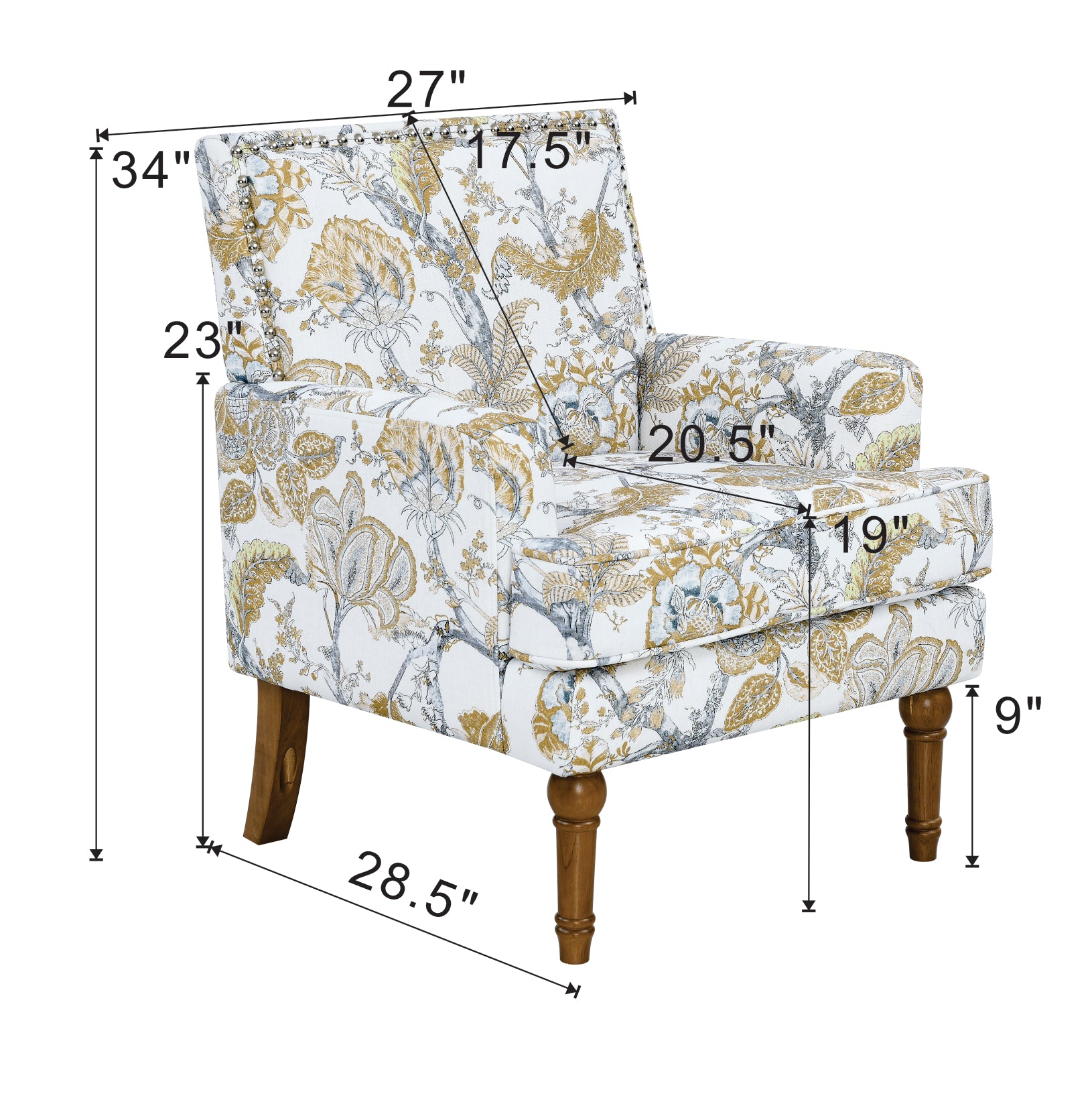 27" Wide Floral Upholstered Accent Chair with Nailhead Trim, Contemporary Botanical Armchair with Wood Turned Legs