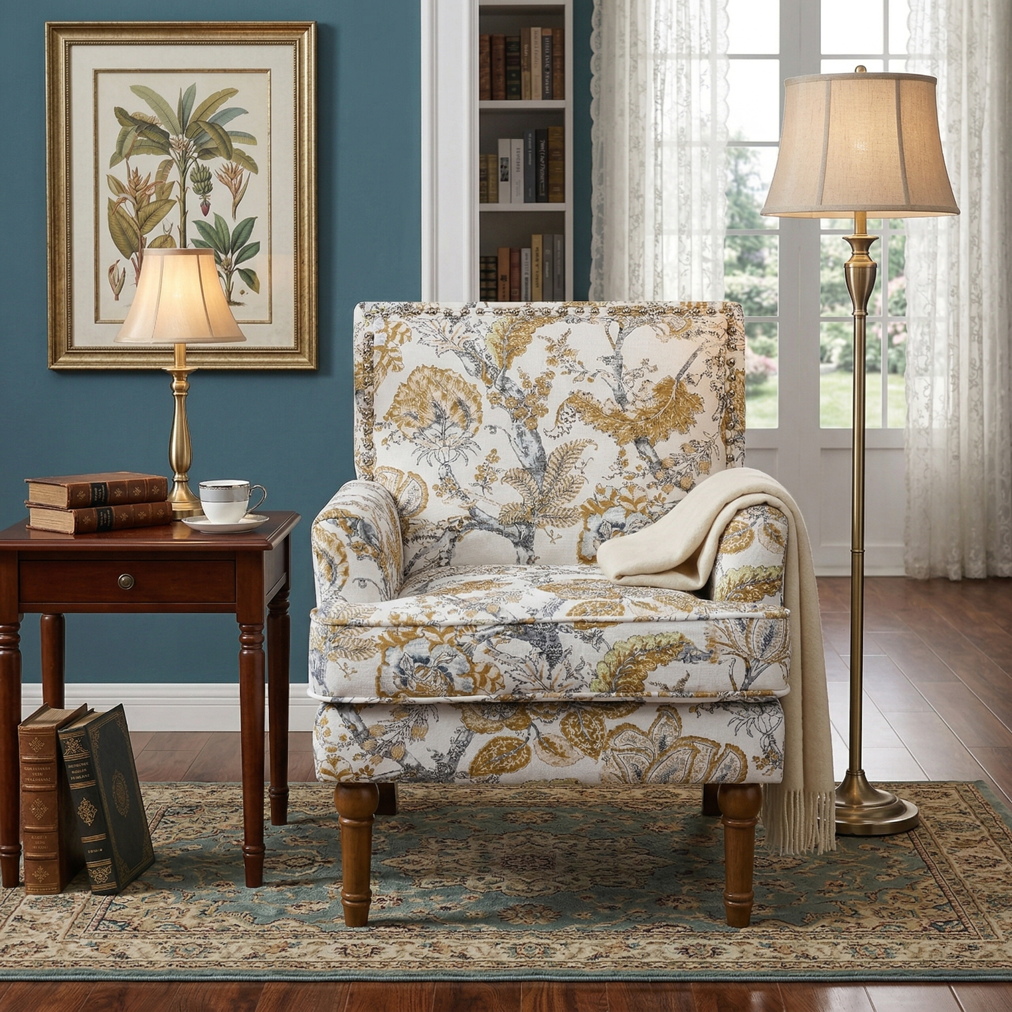 27" Wide Floral Upholstered Accent Chair with Nailhead Trim, Contemporary Botanical Armchair with Wood Turned Legs