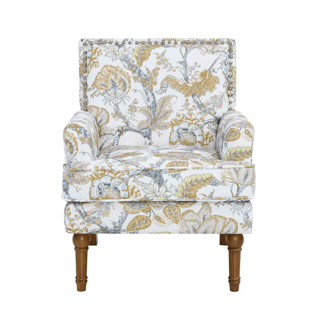 27" Wide Floral Upholstered Accent Chair with Nailhead Trim, Contemporary Botanical Armchair with Wood Turned Legs