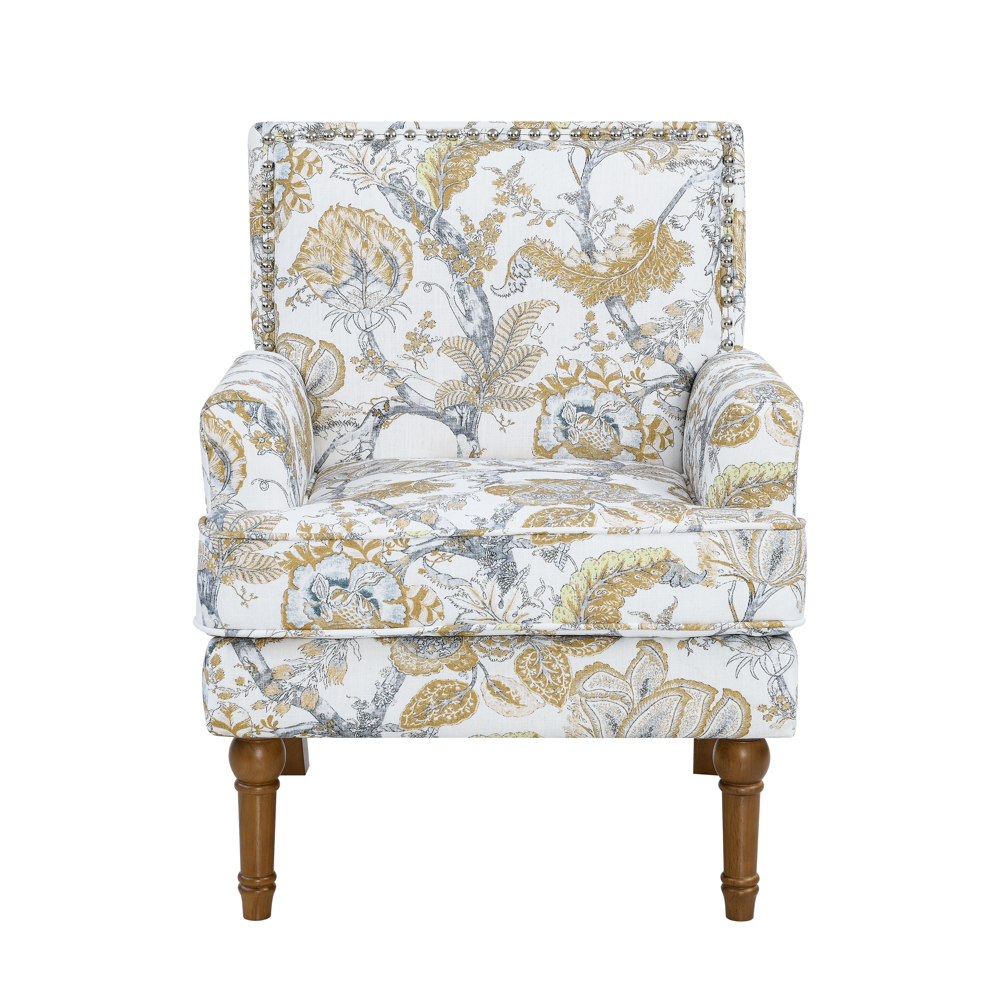 27" Wide Floral Upholstered Accent Chair with Nailhead Trim, Contemporary Botanical Armchair with Wood Turned Legs