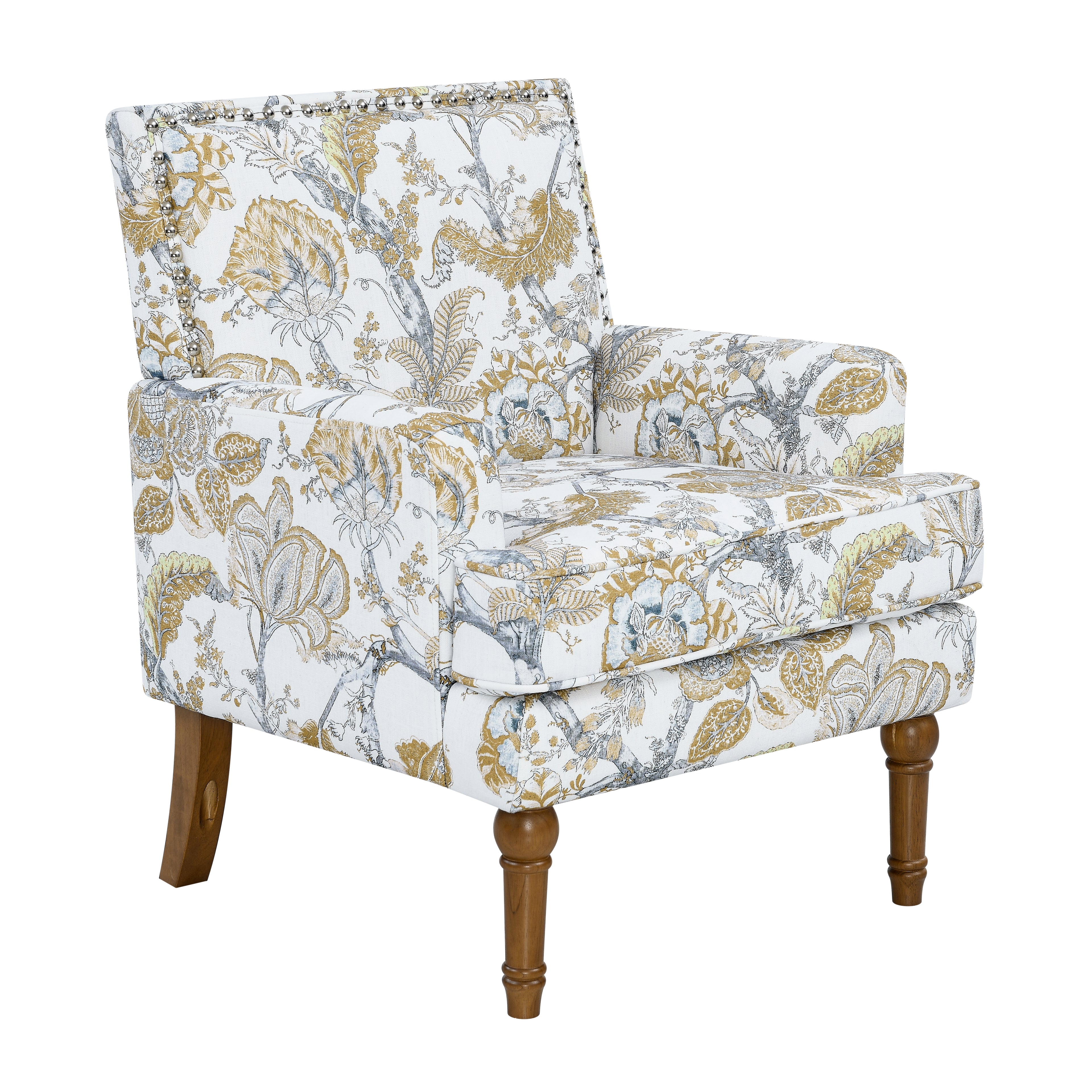 27" Wide Floral Upholstered Accent Chair with Nailhead Trim, Contemporary Botanical Armchair with Wood Turned Legs