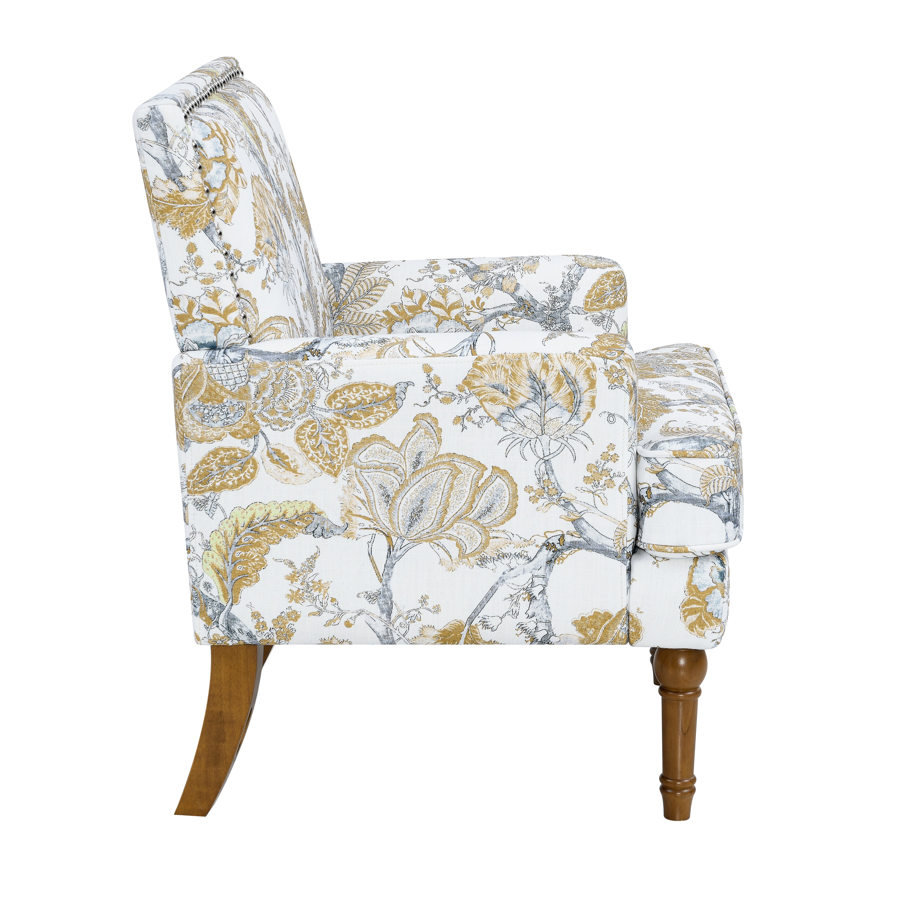 27" Wide Floral Upholstered Accent Chair with Nailhead Trim, Contemporary Botanical Armchair with Wood Turned Legs