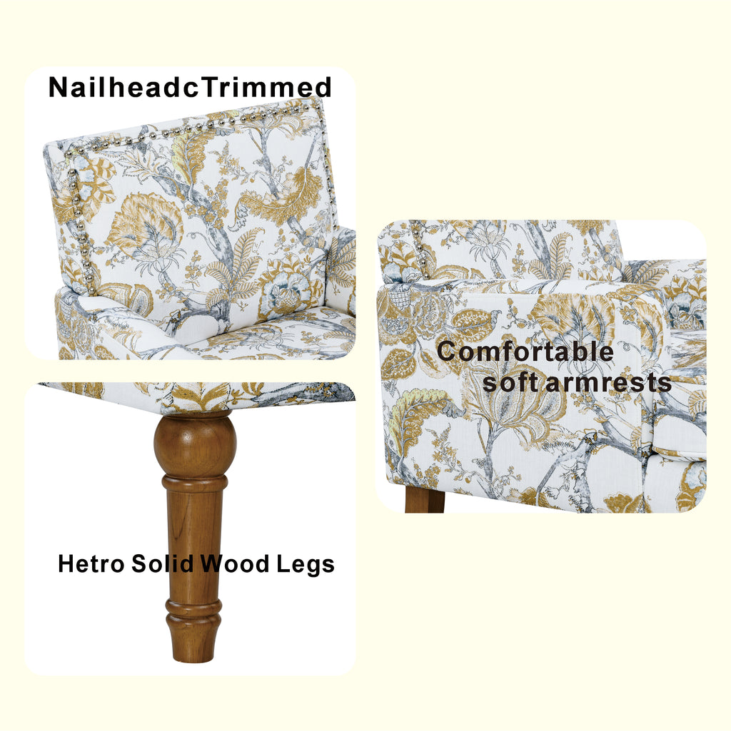 27" Wide Floral Upholstered Accent Chair with Nailhead Trim, Contemporary Botanical Armchair with Wood Turned Legs