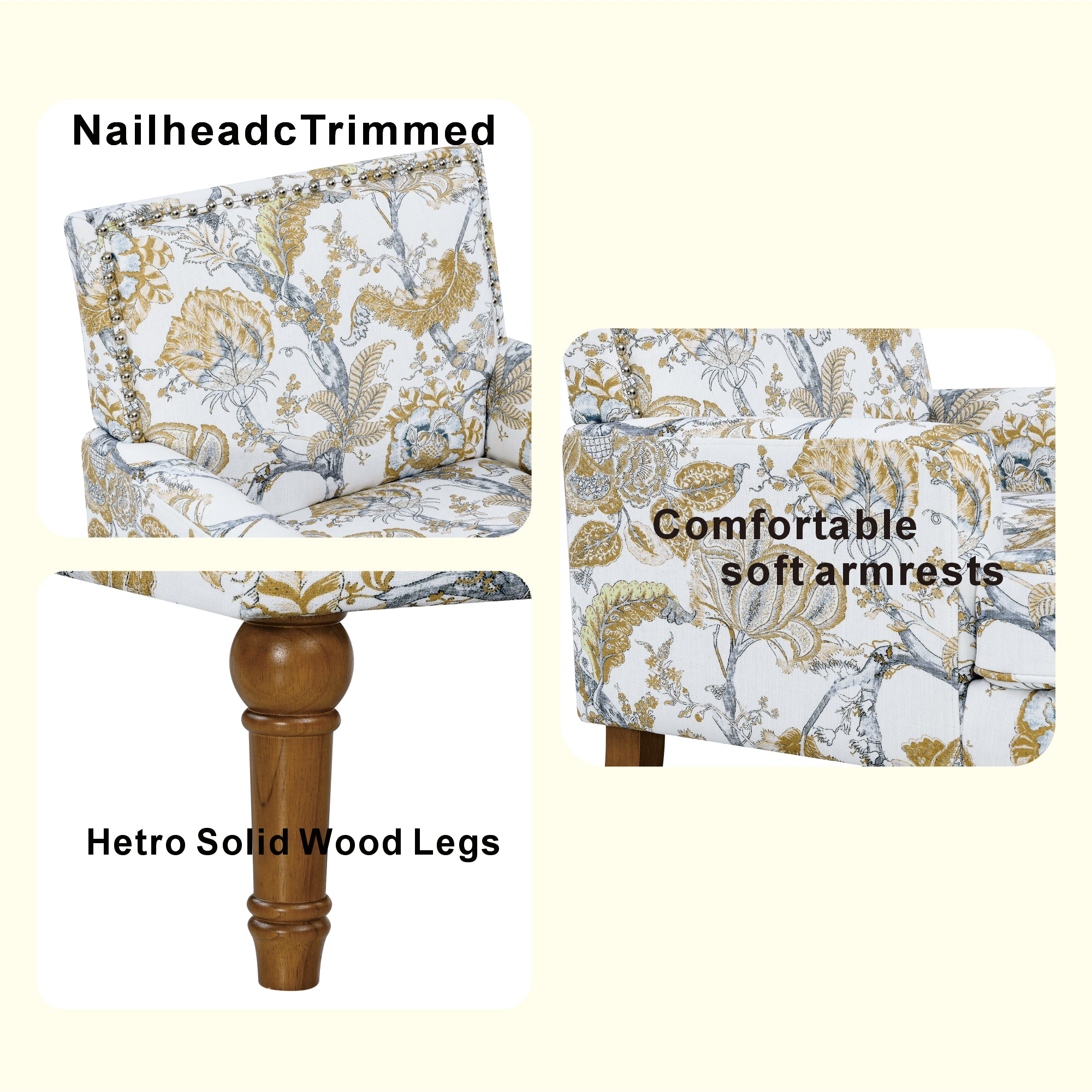 27" Wide Floral Upholstered Accent Chair with Nailhead Trim, Contemporary Botanical Armchair with Wood Turned Legs