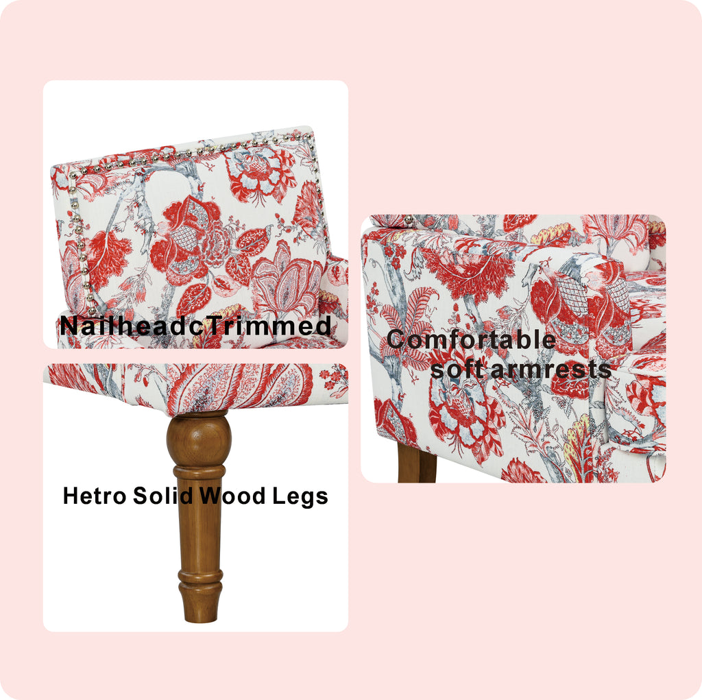 27" Wide Floral Upholstered Accent Chair with Nailhead Trim, Contemporary Botanical Armchair with Wood Turned Legs