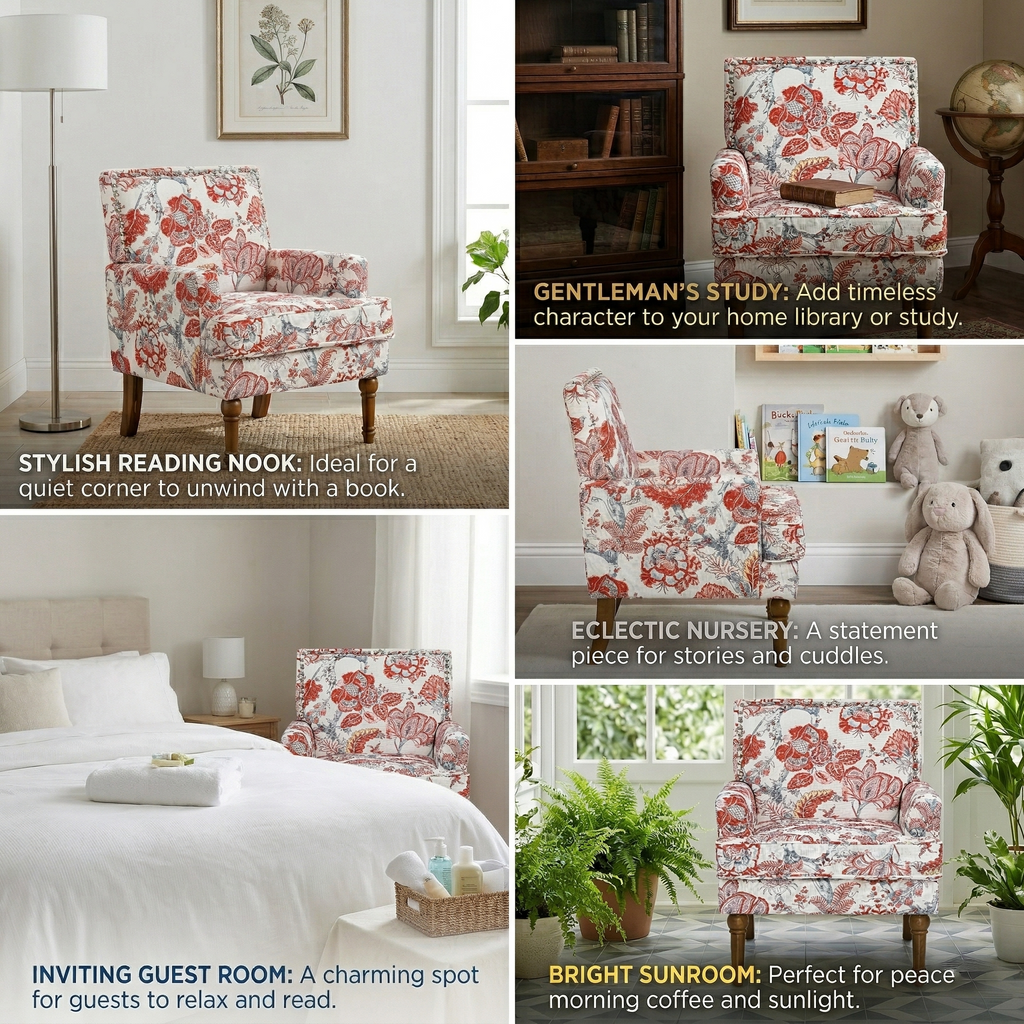 27" Wide Floral Upholstered Accent Chair with Nailhead Trim, Contemporary Botanical Armchair with Wood Turned Legs