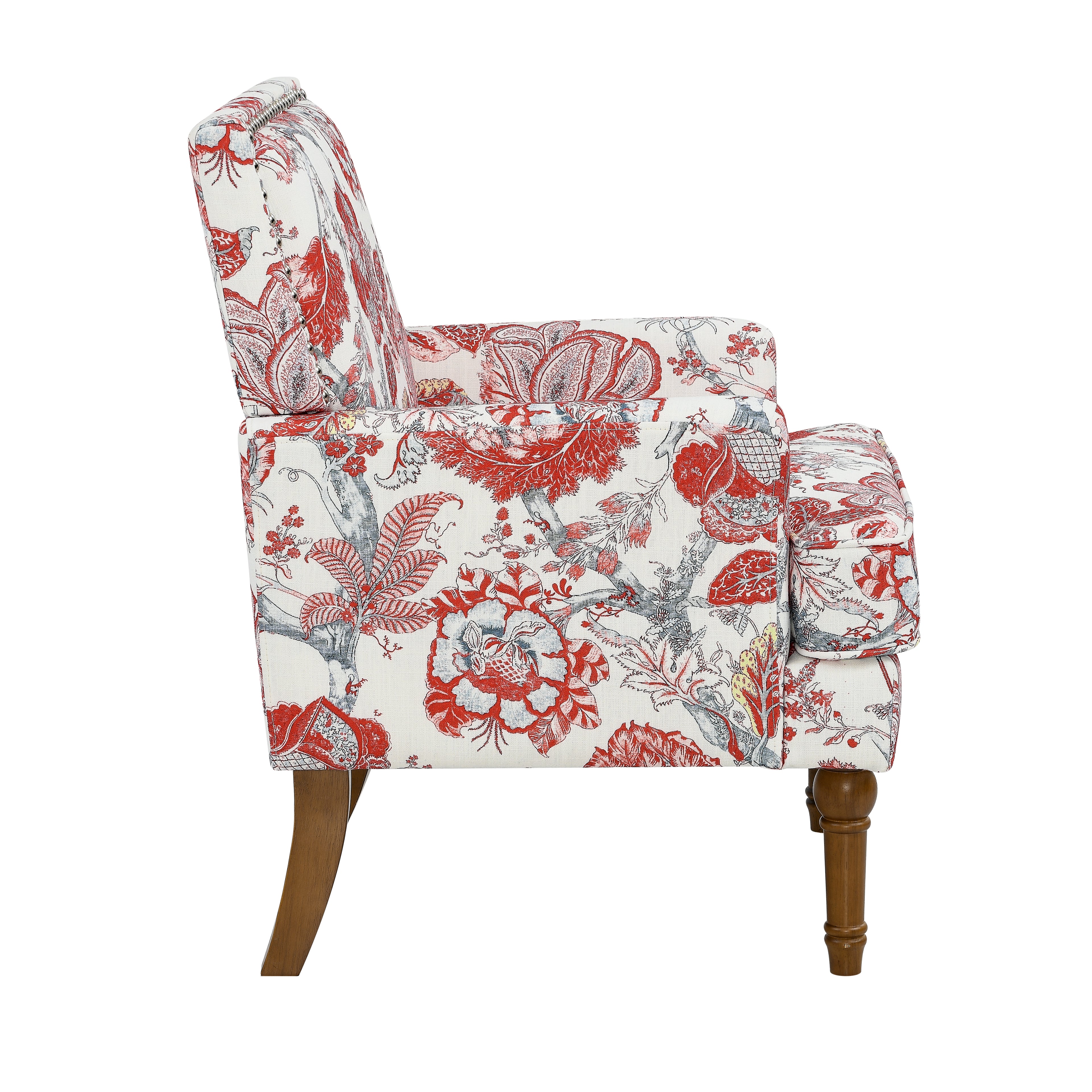 27" Wide Floral Upholstered Accent Chair with Nailhead Trim, Contemporary Botanical Armchair with Wood Turned Legs