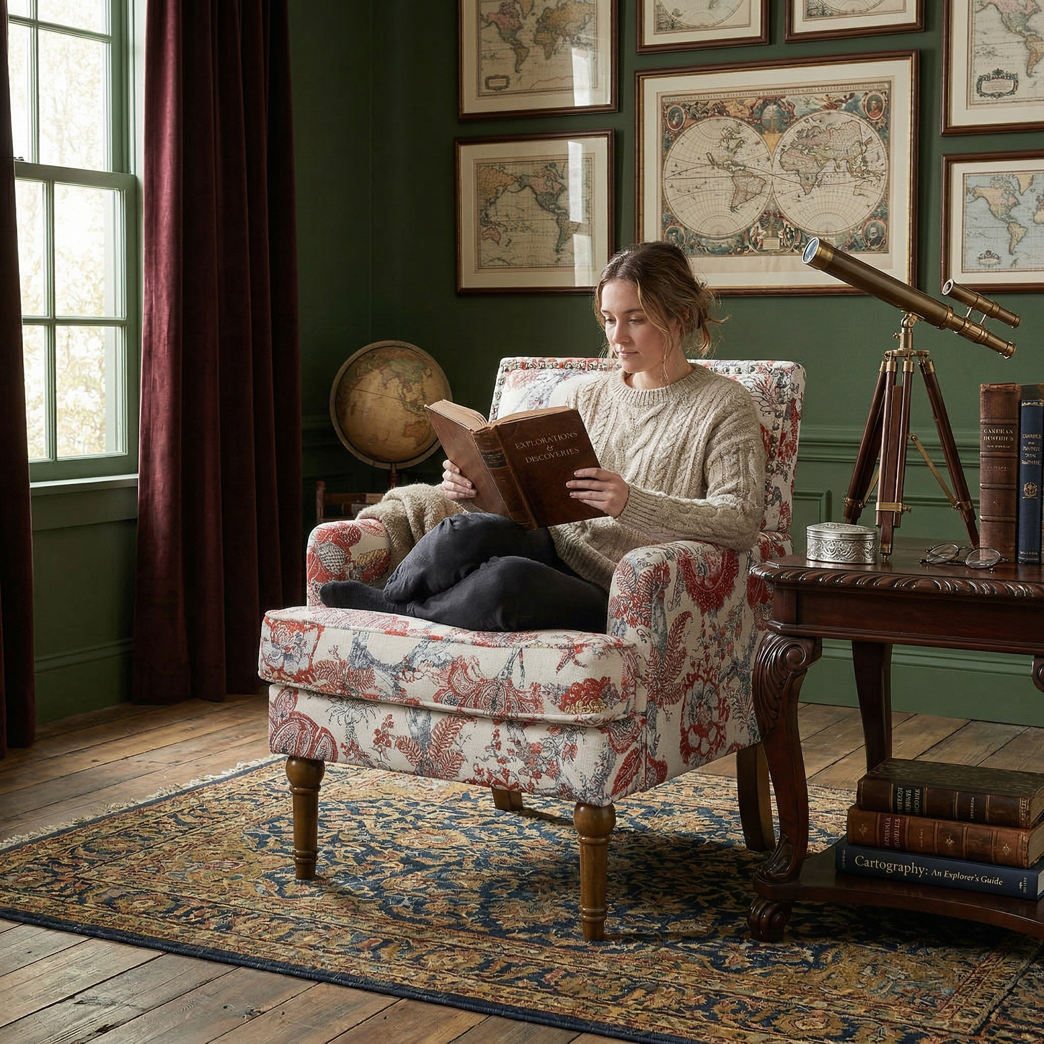 27" Wide Floral Upholstered Accent Chair with Nailhead Trim, Contemporary Botanical Armchair with Wood Turned Legs