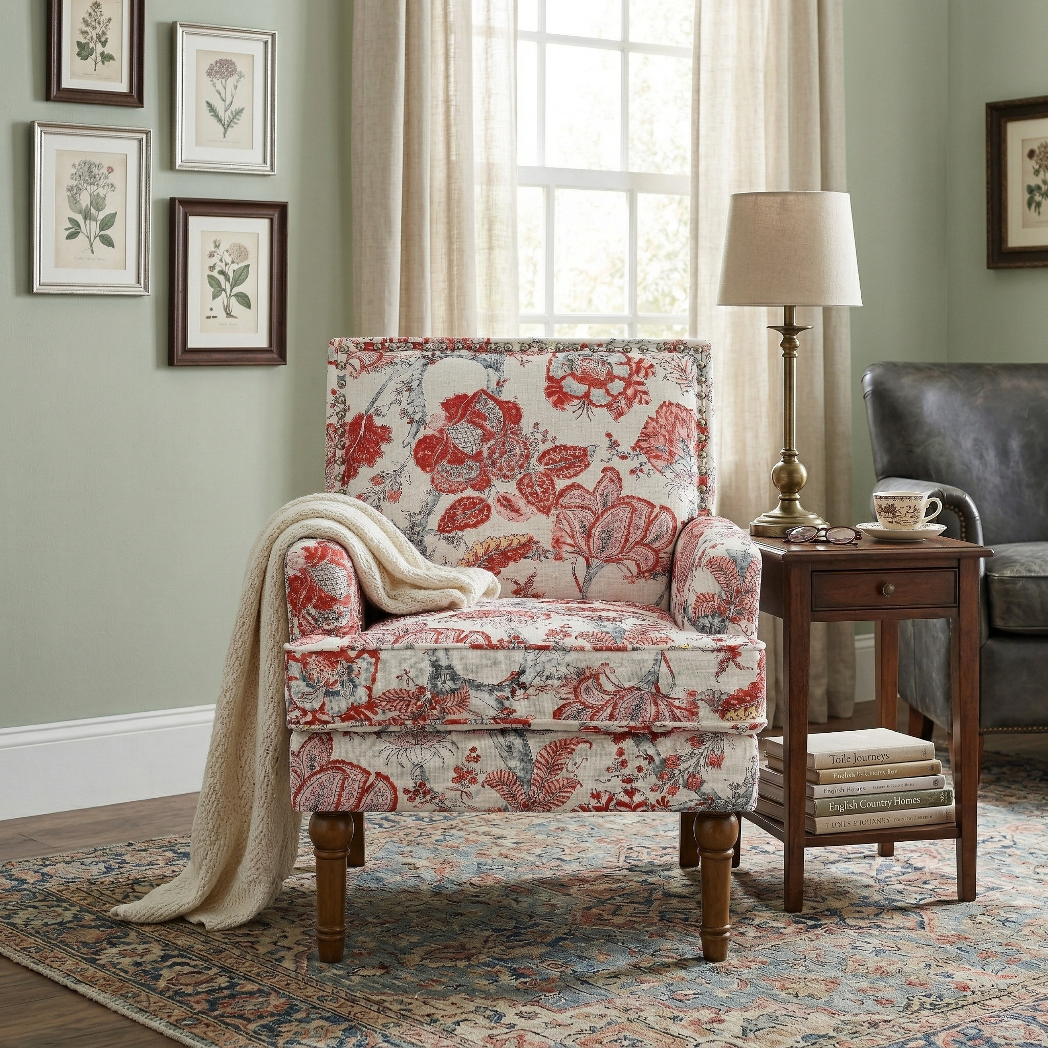 27" Wide Floral Upholstered Accent Chair with Nailhead Trim, Contemporary Botanical Armchair with Wood Turned Legs