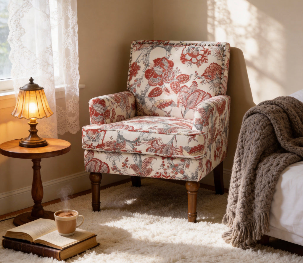 27" Wide Floral Upholstered Accent Chair with Nailhead Trim, Contemporary Botanical Armchair with Wood Turned Legs