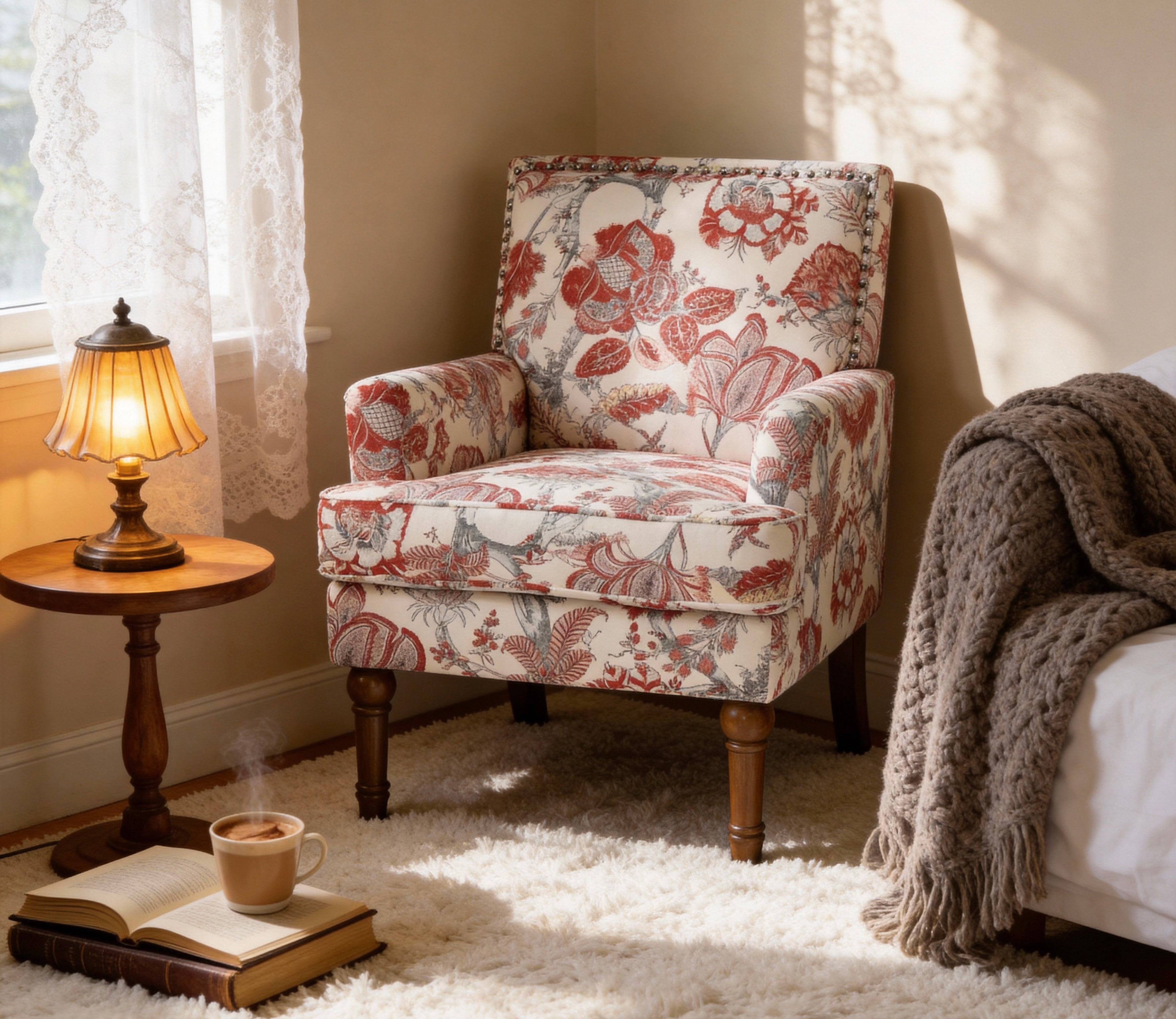 27" Wide Floral Upholstered Accent Chair with Nailhead Trim, Contemporary Botanical Armchair with Wood Turned Legs