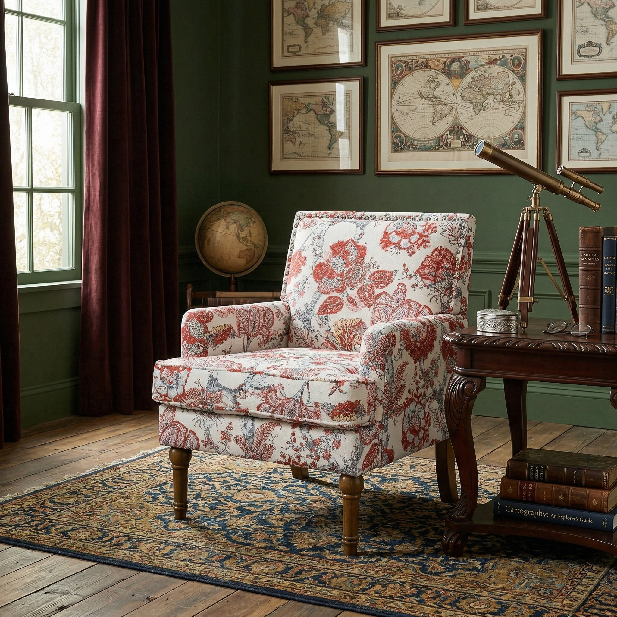 27" Wide Floral Upholstered Accent Chair with Nailhead Trim, Contemporary Botanical Armchair with Wood Turned Legs