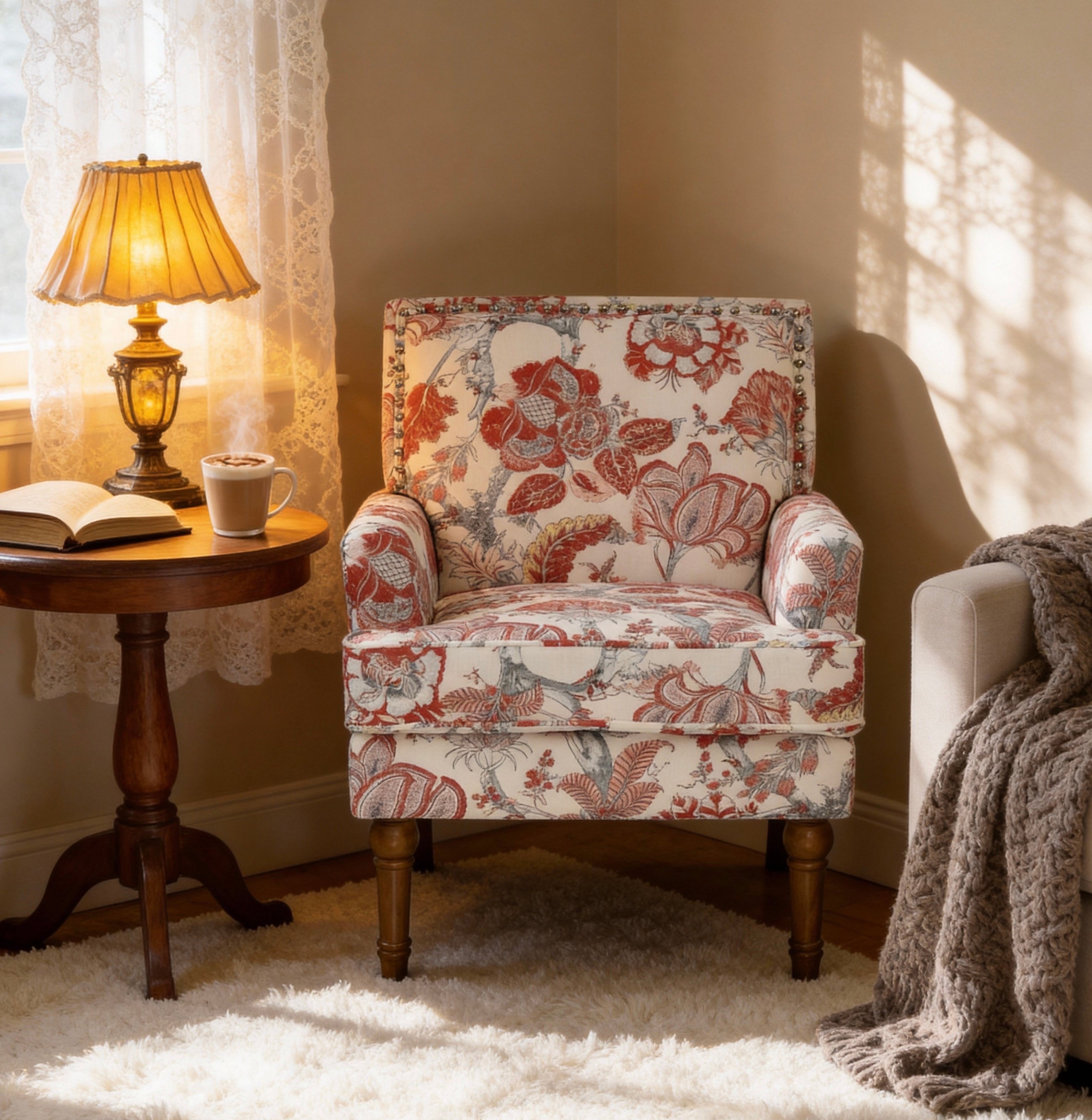 27" Wide Floral Upholstered Accent Chair with Nailhead Trim, Contemporary Botanical Armchair with Wood Turned Legs