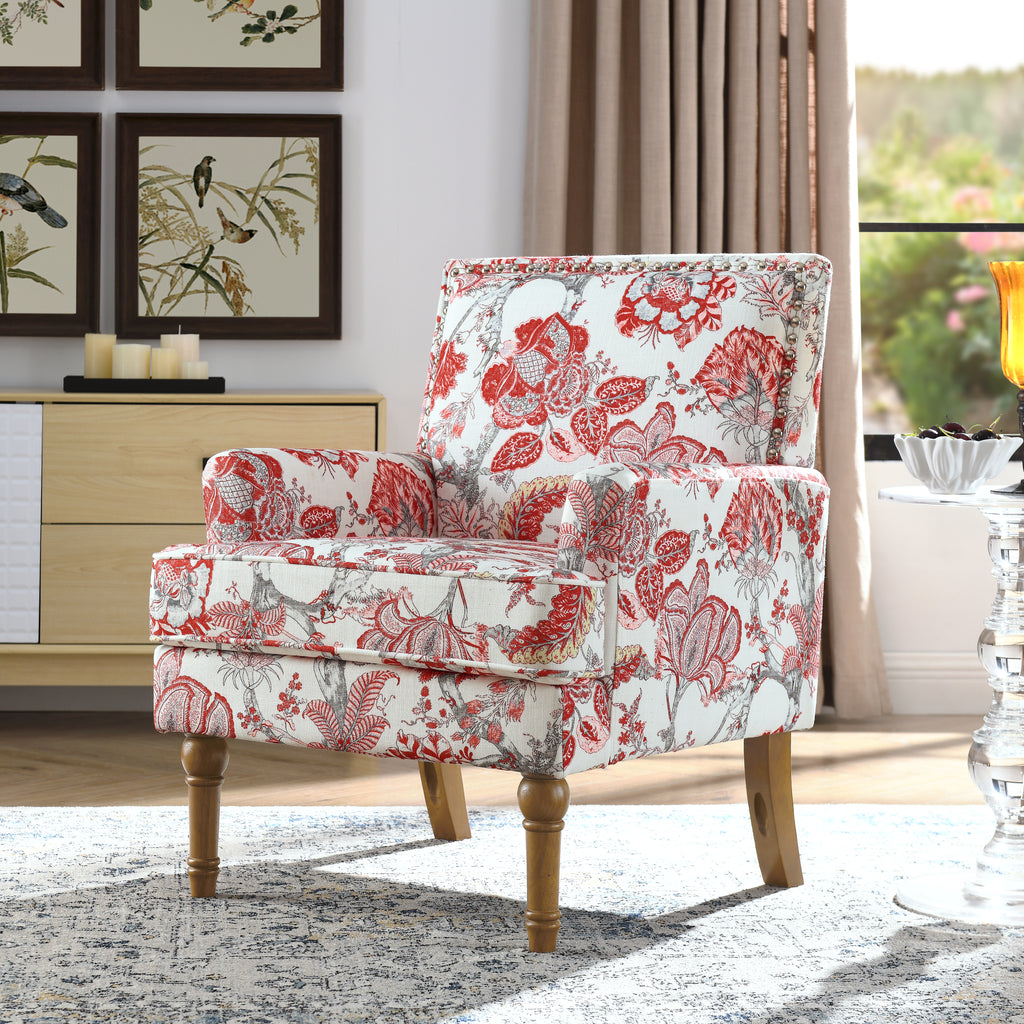 27" Wide Floral Upholstered Accent Chair with Nailhead Trim, Contemporary Botanical Armchair with Wood Turned Legs
