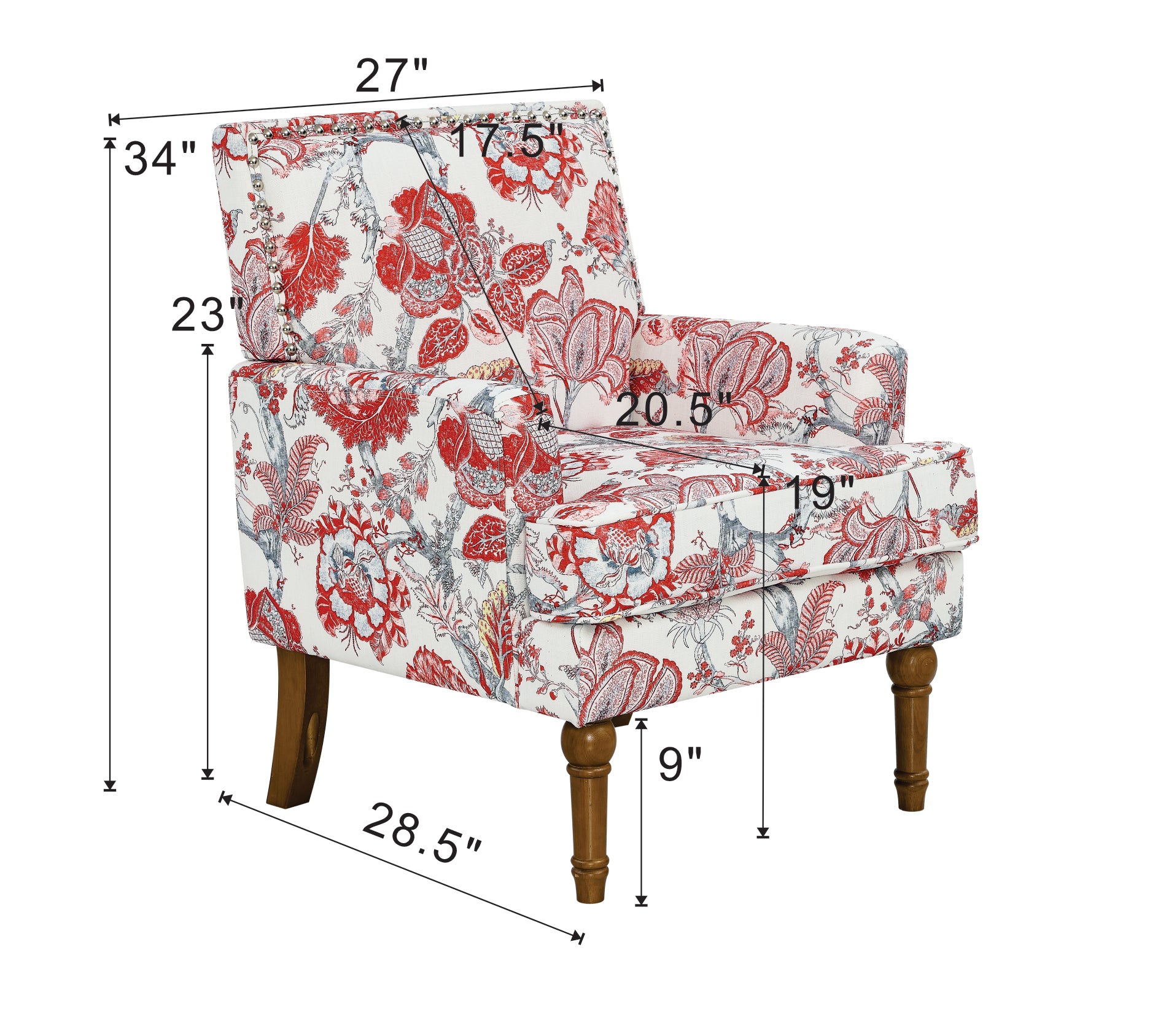 27" Wide Floral Upholstered Accent Chair with Nailhead Trim, Contemporary Botanical Armchair with Wood Turned Legs
