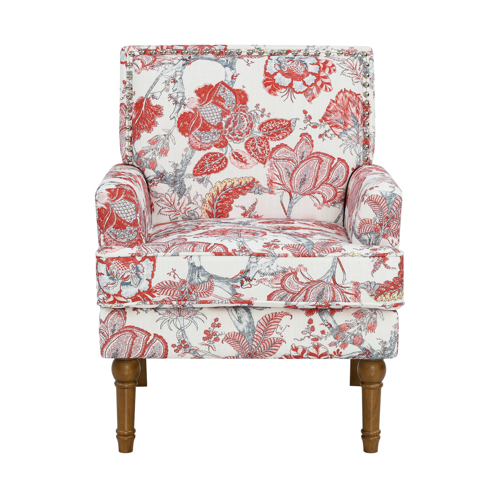 27" Wide Floral Upholstered Accent Chair with Nailhead Trim, Contemporary Botanical Armchair with Wood Turned Legs