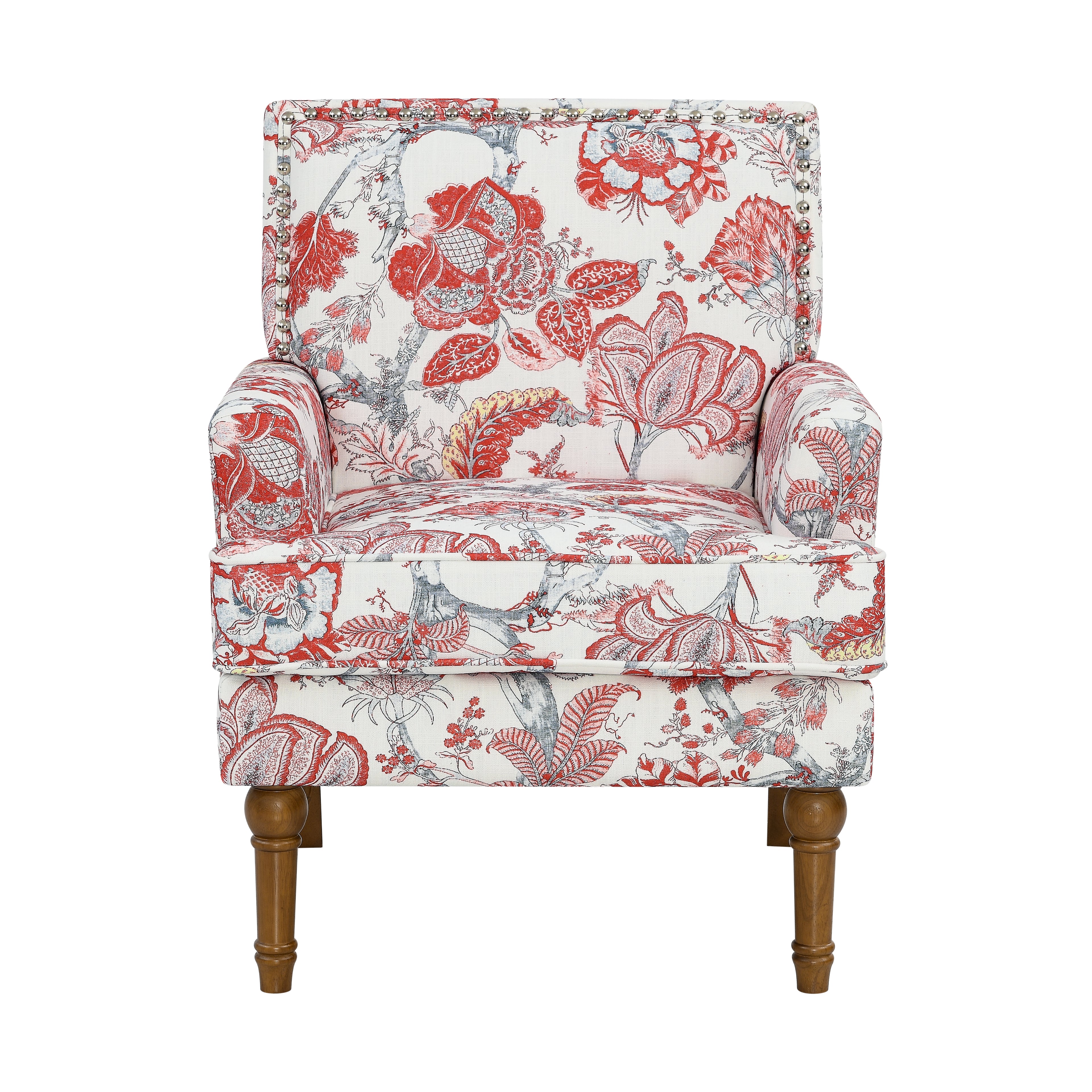 27" Wide Floral Upholstered Accent Chair with Nailhead Trim, Contemporary Botanical Armchair with Wood Turned Legs