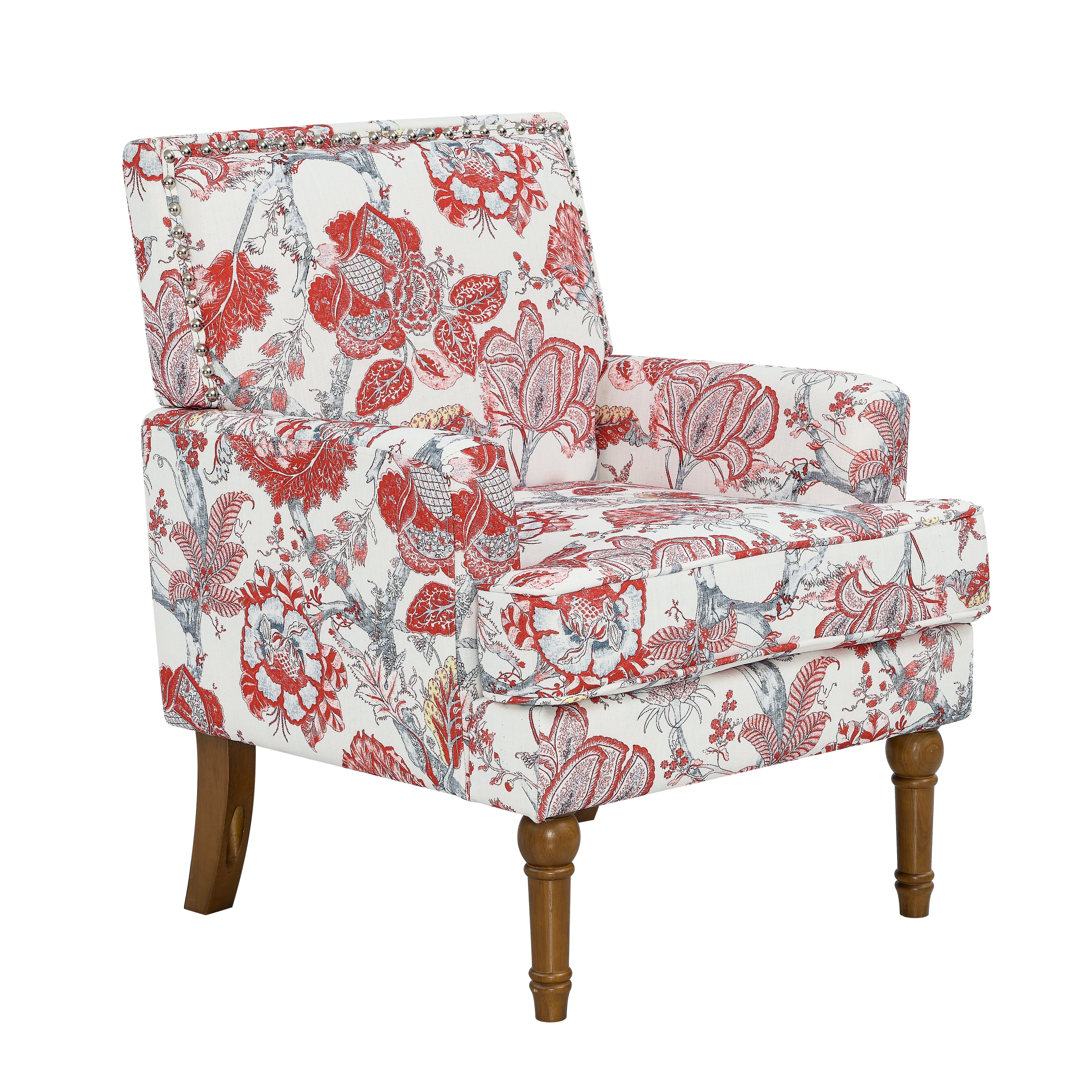 27" Wide Floral Upholstered Accent Chair with Nailhead Trim, Contemporary Botanical Armchair with Wood Turned Legs