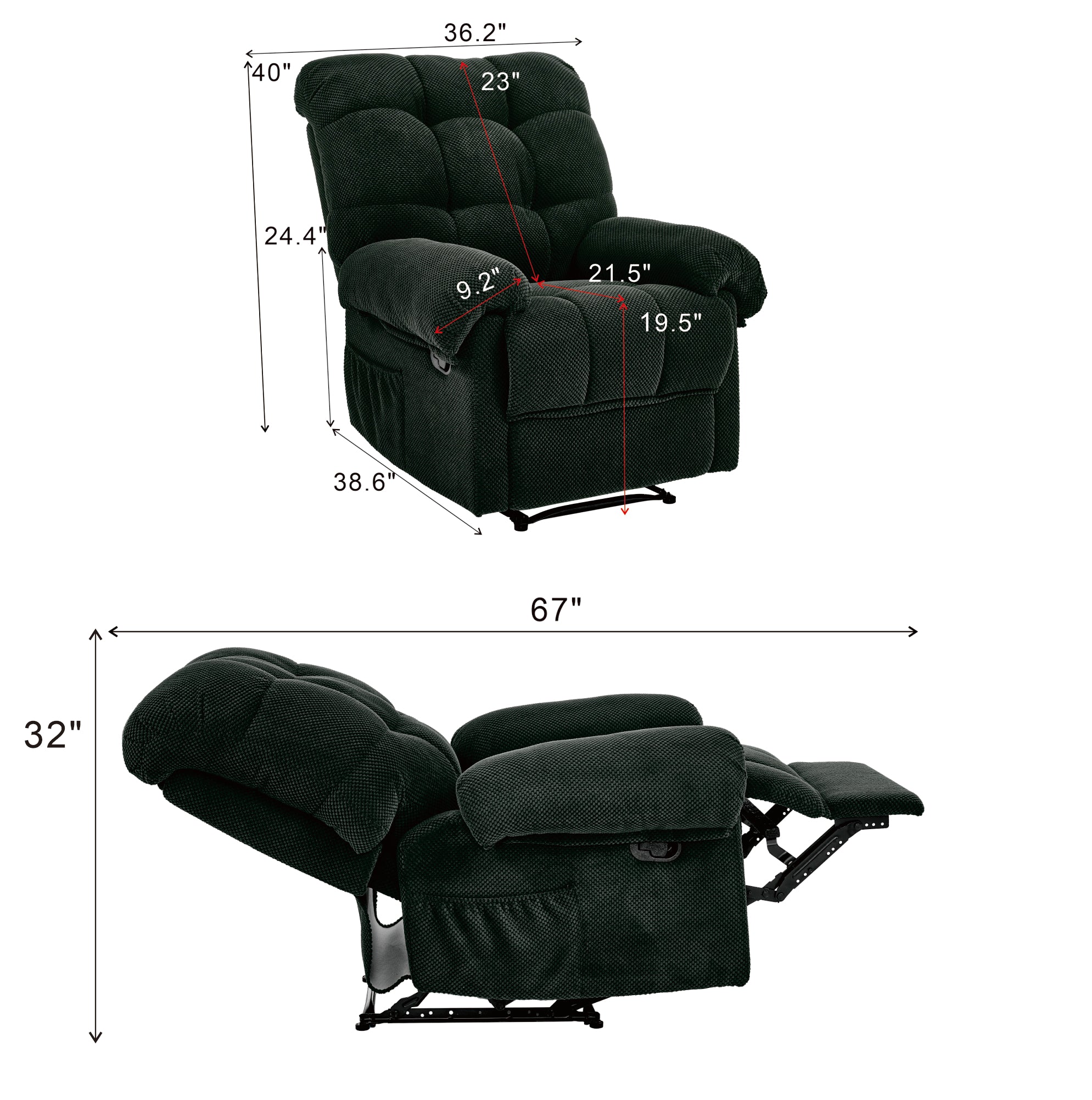 36.2" Wide Overstuffed Manual Recliner, Ergonomic Fabric Lounge Chair with Side Pockets