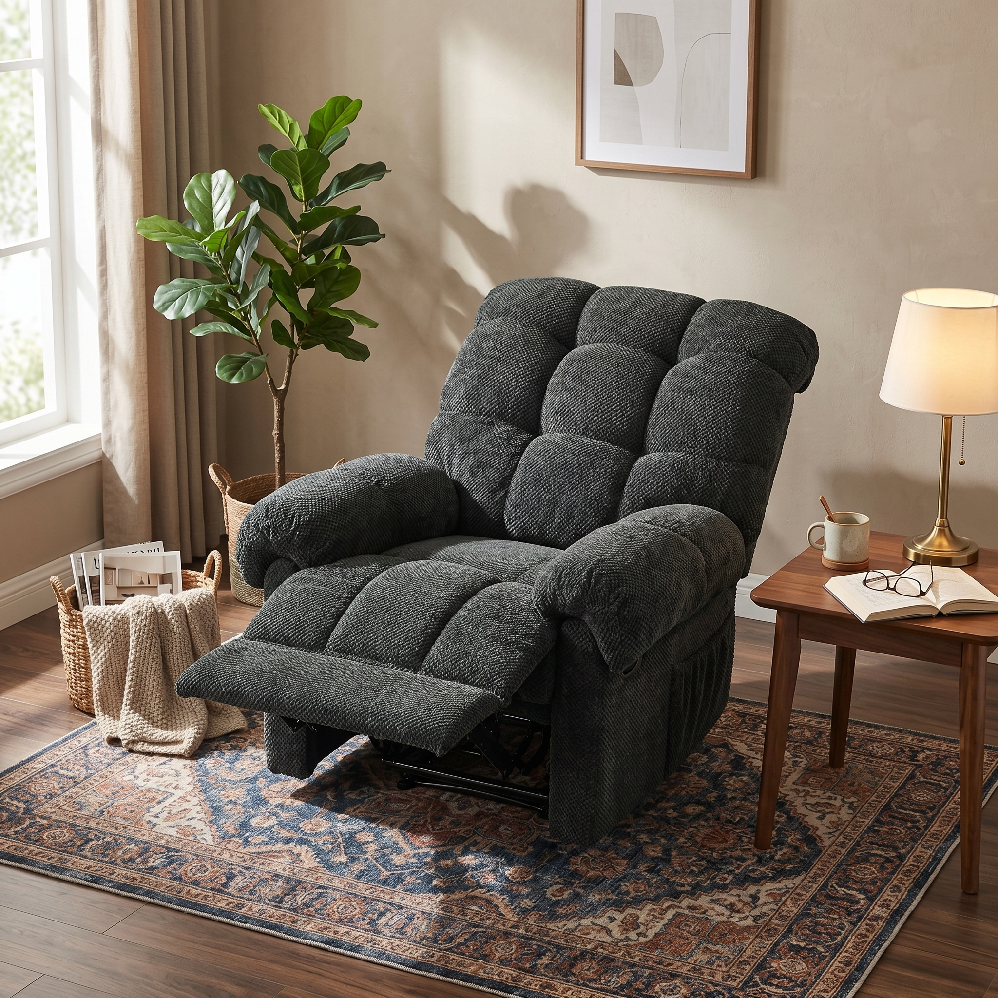 36.2" Wide Overstuffed Manual Recliner, Ergonomic Fabric Lounge Chair with Side Pockets