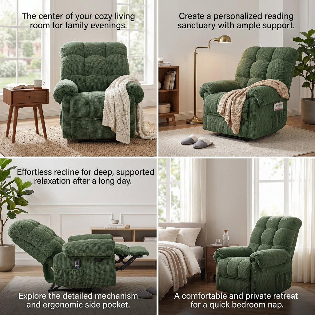 36.2" Wide Overstuffed Manual Recliner, Ergonomic Fabric Lounge Chair with Side Pockets