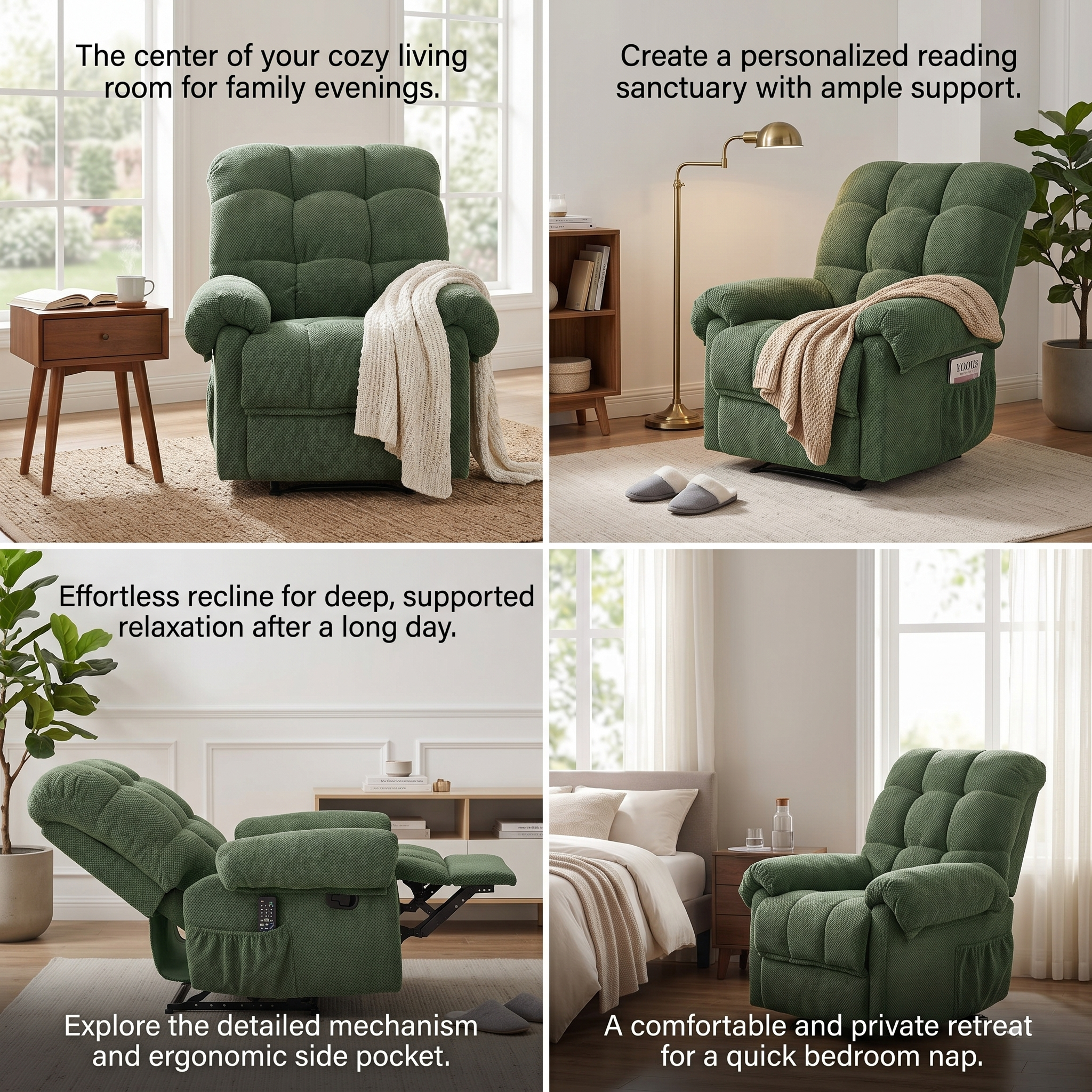 36.2" Wide Overstuffed Manual Recliner, Ergonomic Fabric Lounge Chair with Side Pockets