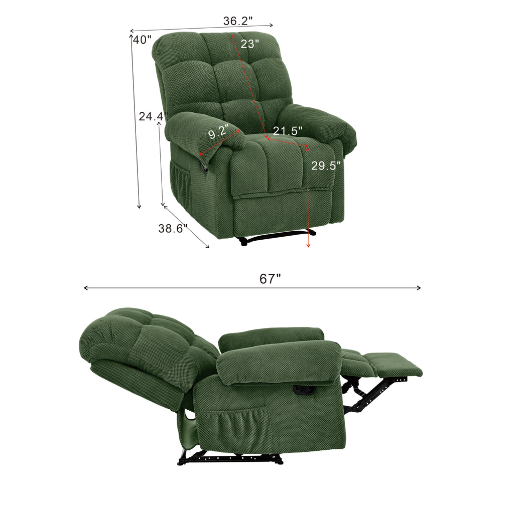 36.2" Wide Overstuffed Manual Recliner, Ergonomic Fabric Lounge Chair with Side Pockets