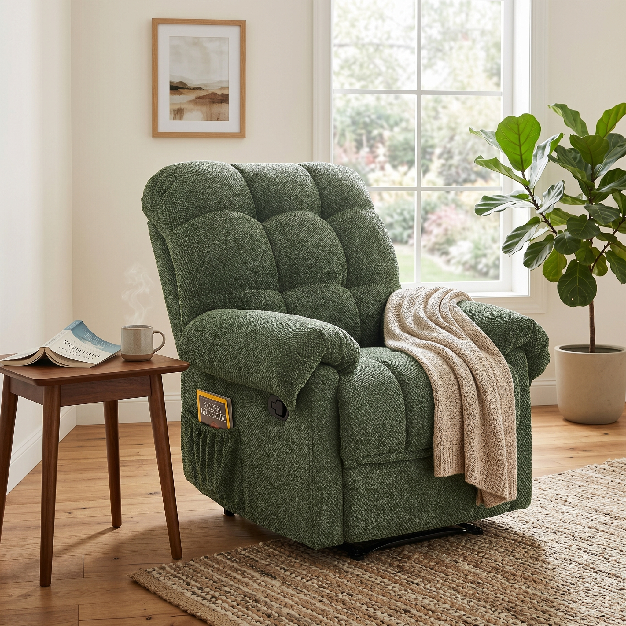 36.2" Wide Overstuffed Manual Recliner, Ergonomic Fabric Lounge Chair with Side Pockets