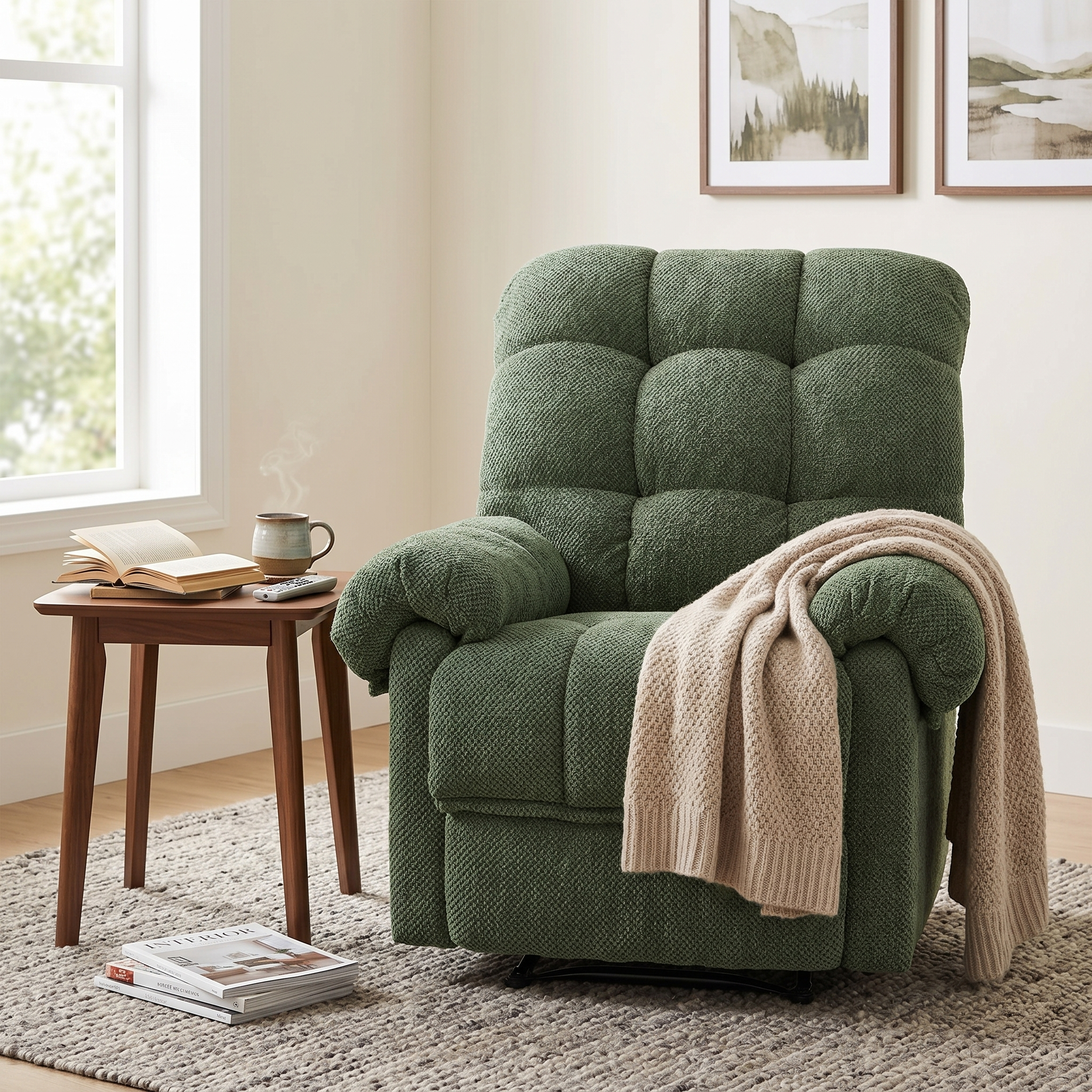 36.2" Wide Overstuffed Manual Recliner, Ergonomic Fabric Lounge Chair with Side Pockets