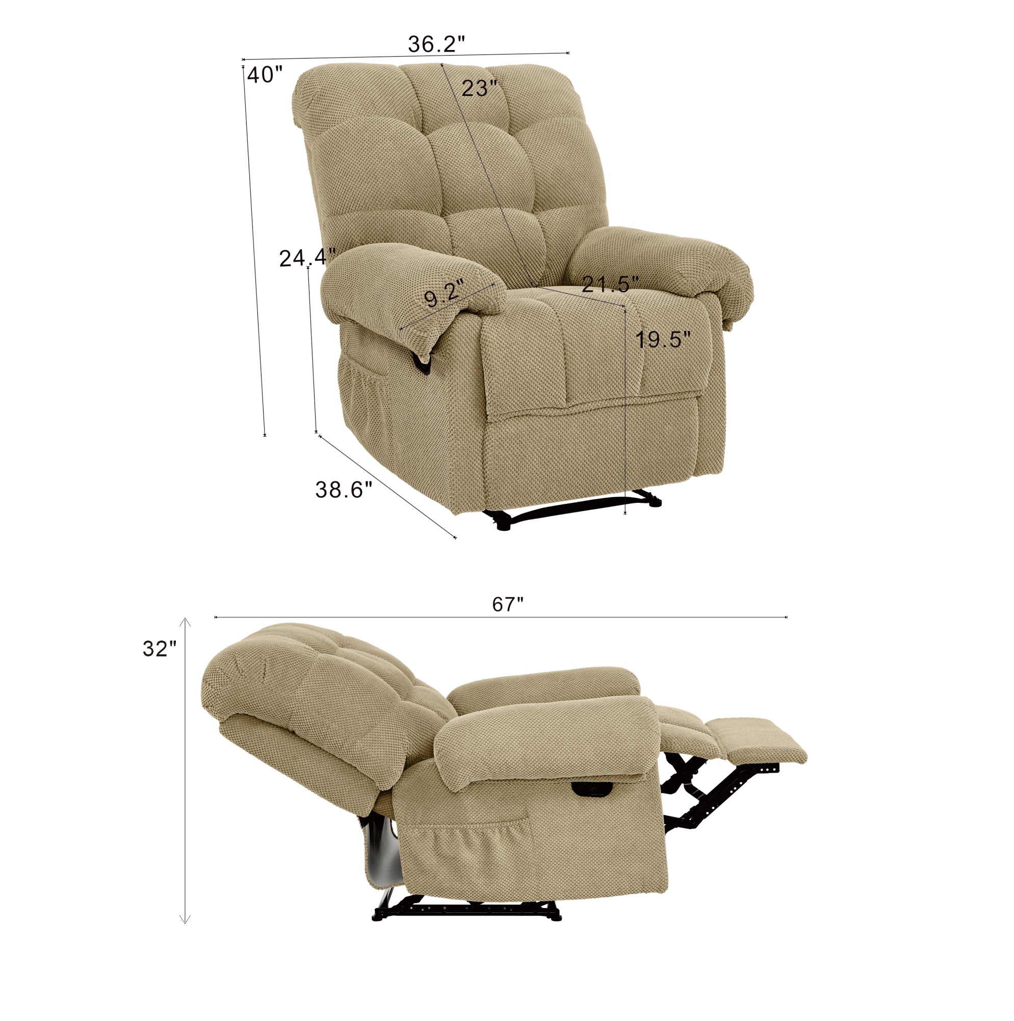 36.2" Wide Overstuffed Manual Recliner, Ergonomic Fabric Lounge Chair with Side Pockets