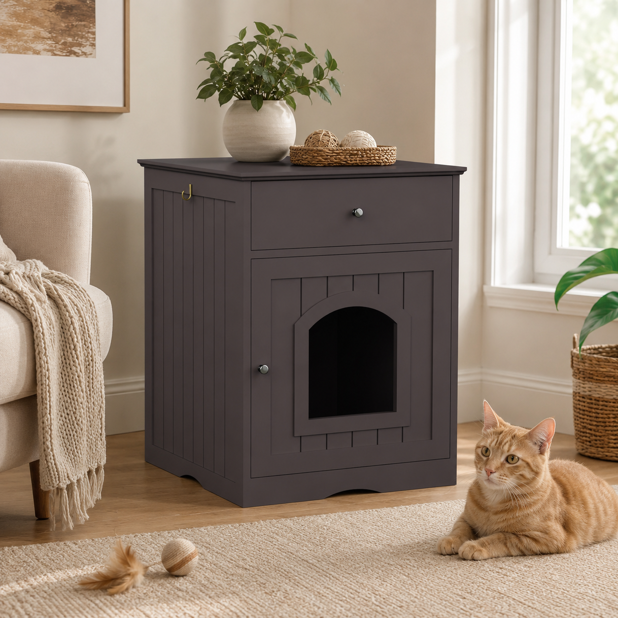 Cat Litter Box Enclosure with Storage Drawer, Hidden Litter Box Side Table and Indoor Cat Cabinet