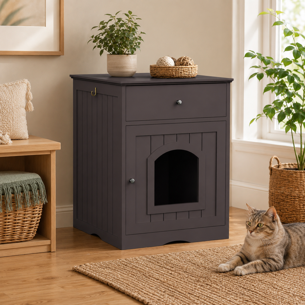 Cat Litter Box Enclosure with Storage Drawer, Hidden Litter Box Side Table and Indoor Cat Cabinet