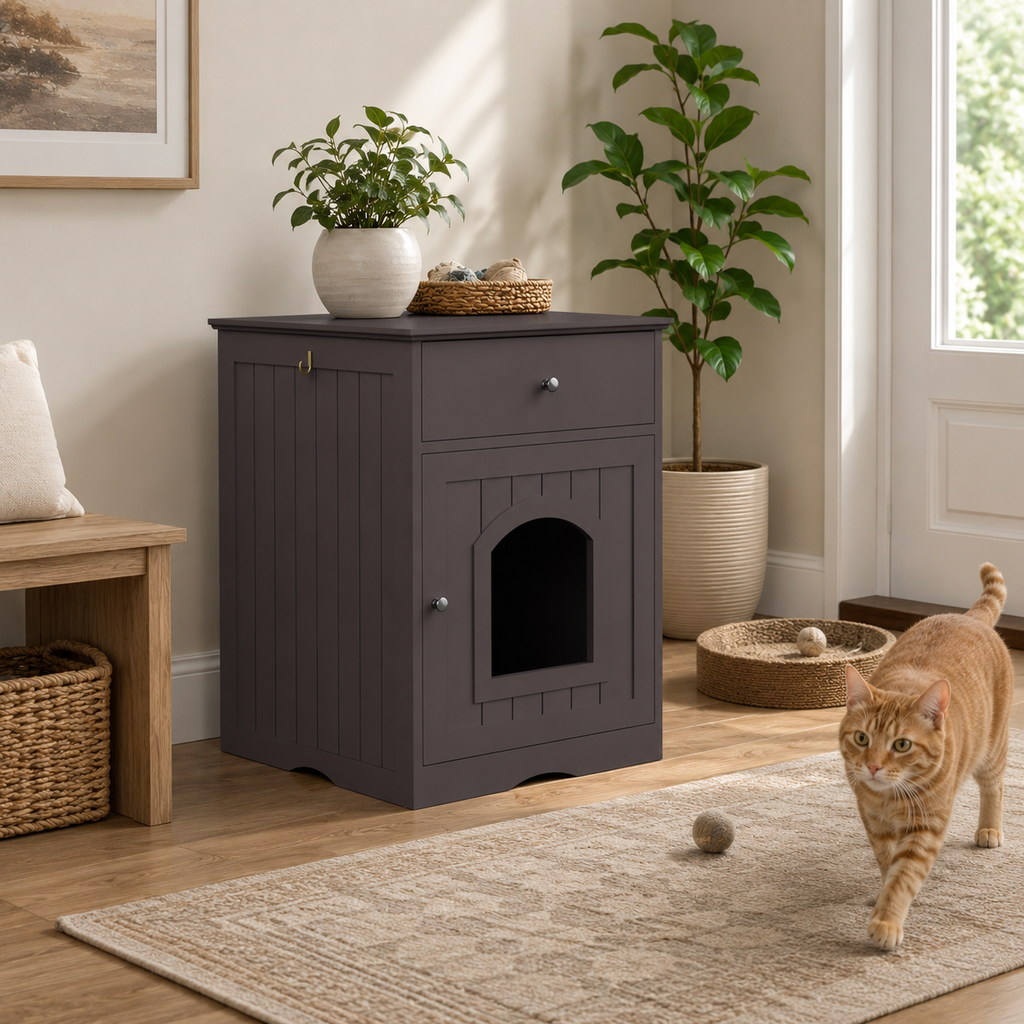 Cat Litter Box Enclosure with Storage Drawer, Hidden Litter Box Side Table and Indoor Cat Cabinet