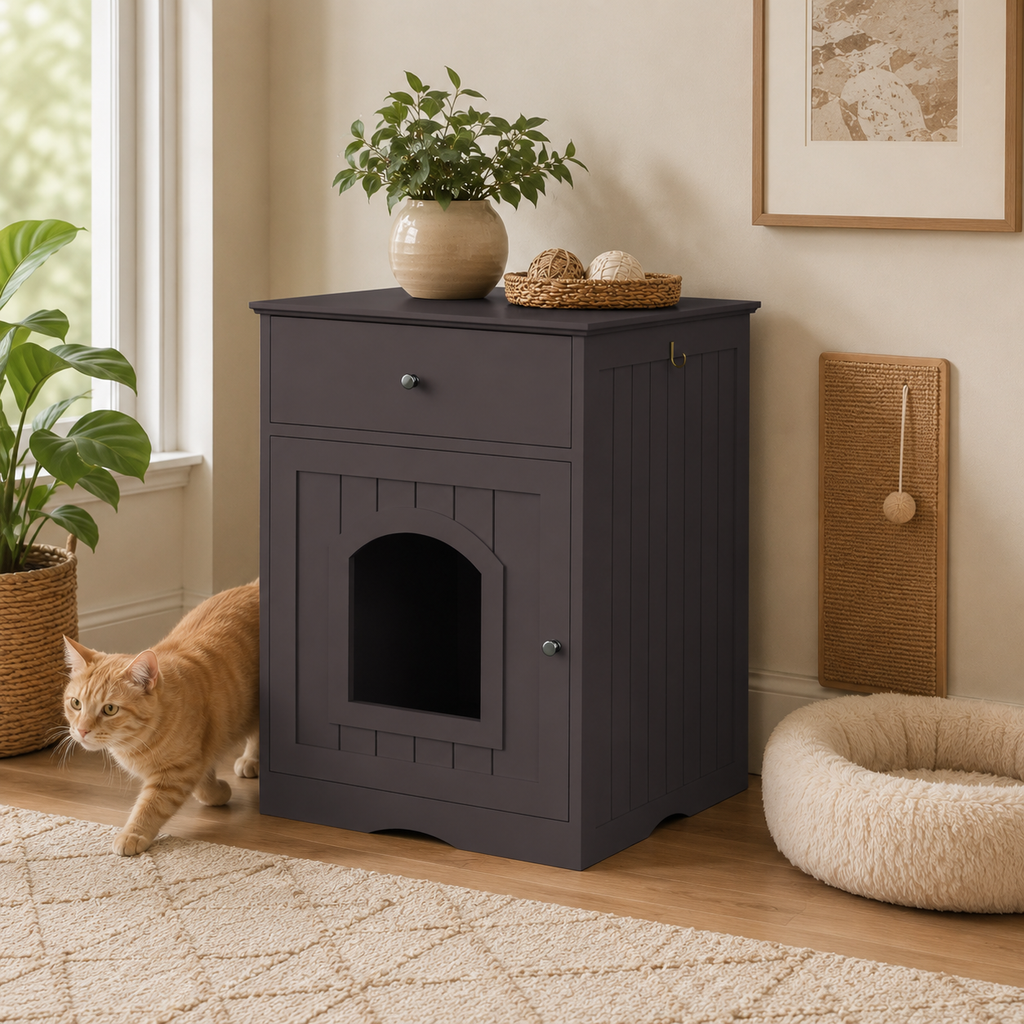 Cat Litter Box Enclosure with Storage Drawer, Hidden Litter Box Side Table and Indoor Cat Cabinet